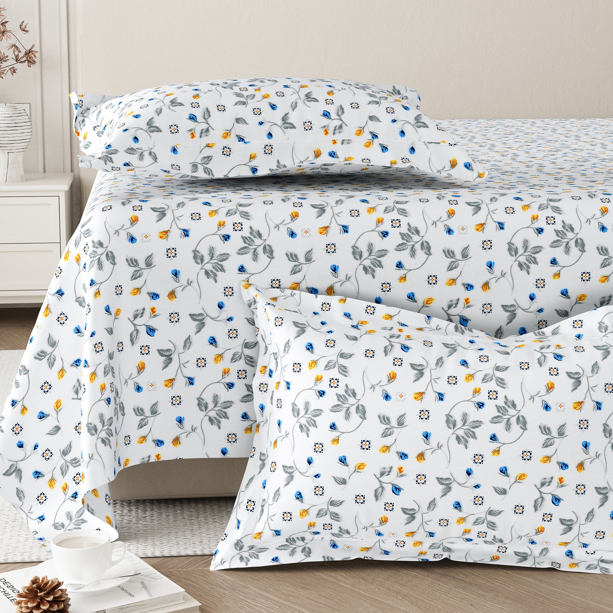 Daisy Single Bedsheet with 1 Pillow Cover 130 GSM Micropeach Floral Beauty Blue