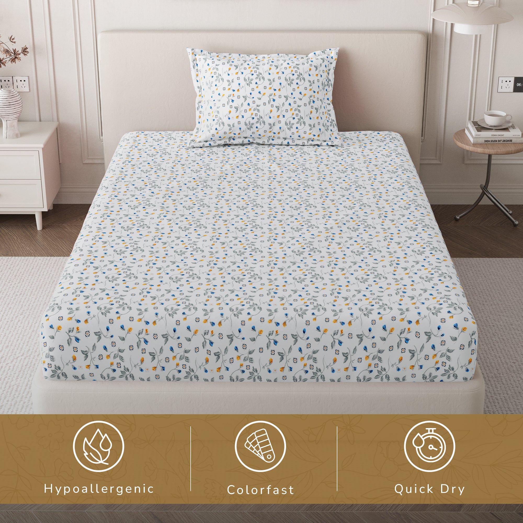Daisy Single Bedsheet with 1 Pillow Cover 130 GSM Micropeach Floral Beauty Blue
