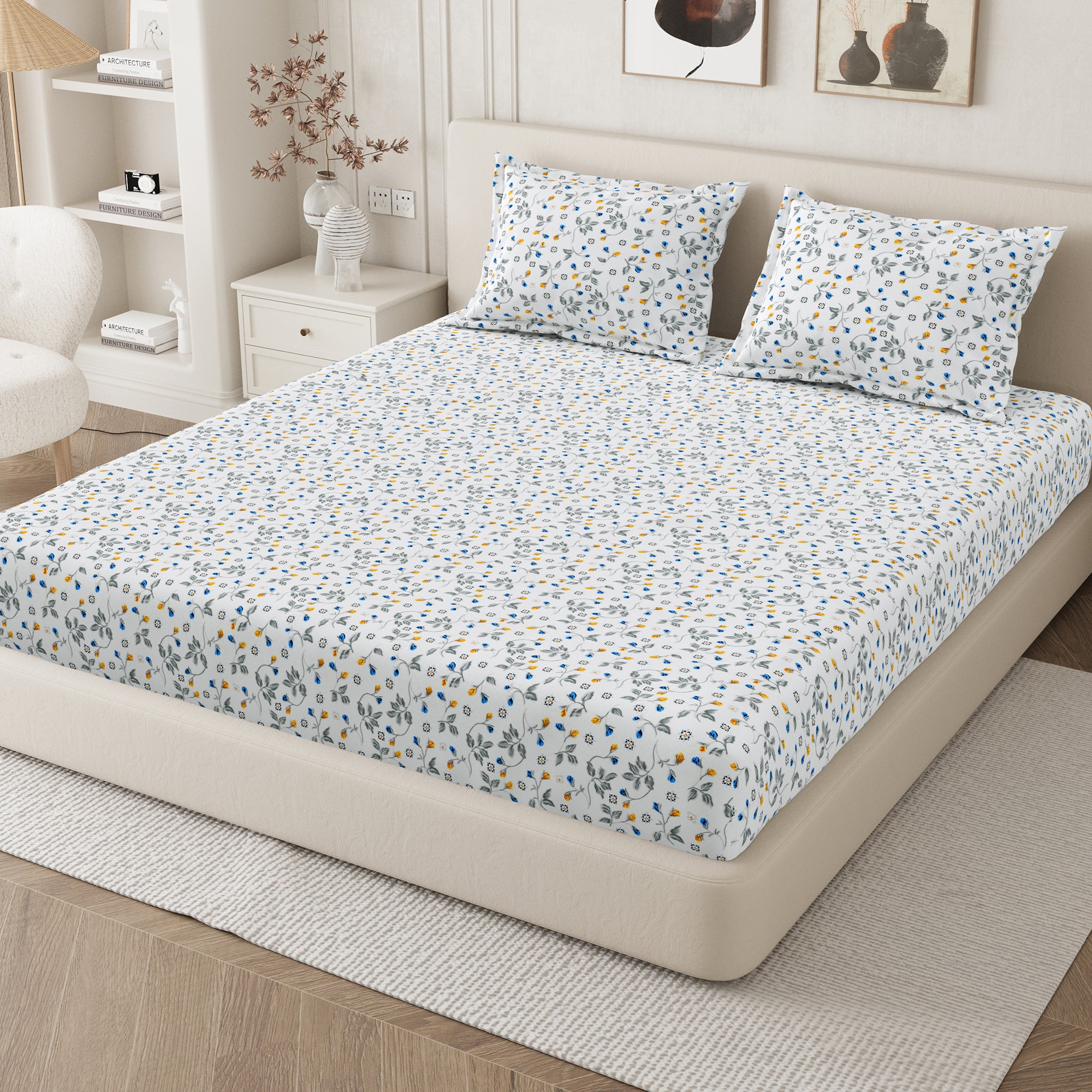 Daisy King Fitted Sheet with 2 Pillow Covers 130 GSM Micropeach Floral Beauty Blue
