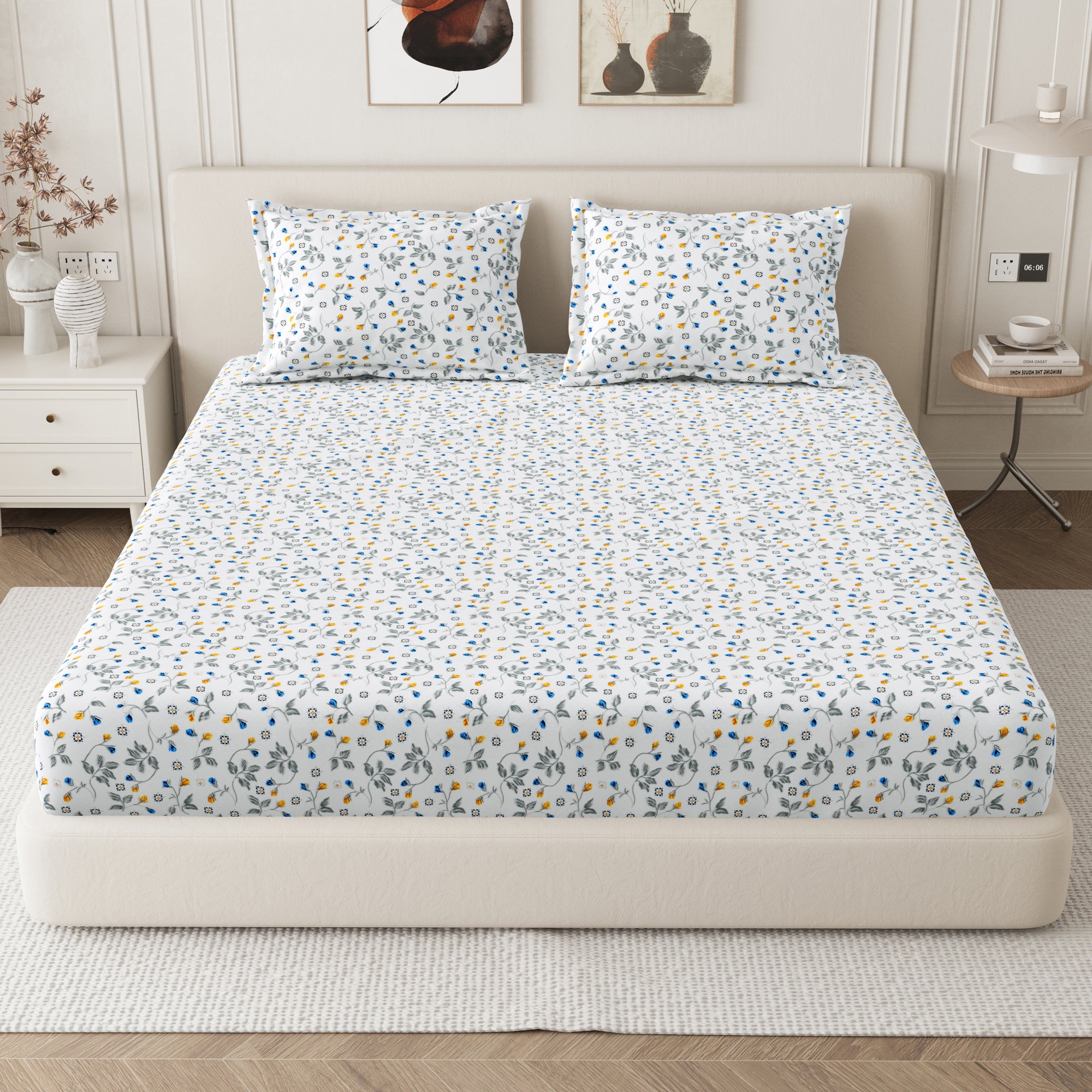 Daisy Queen Fitted Sheet with 2 Pillow Covers 130 GSM Micropeach Floral Beauty Blue