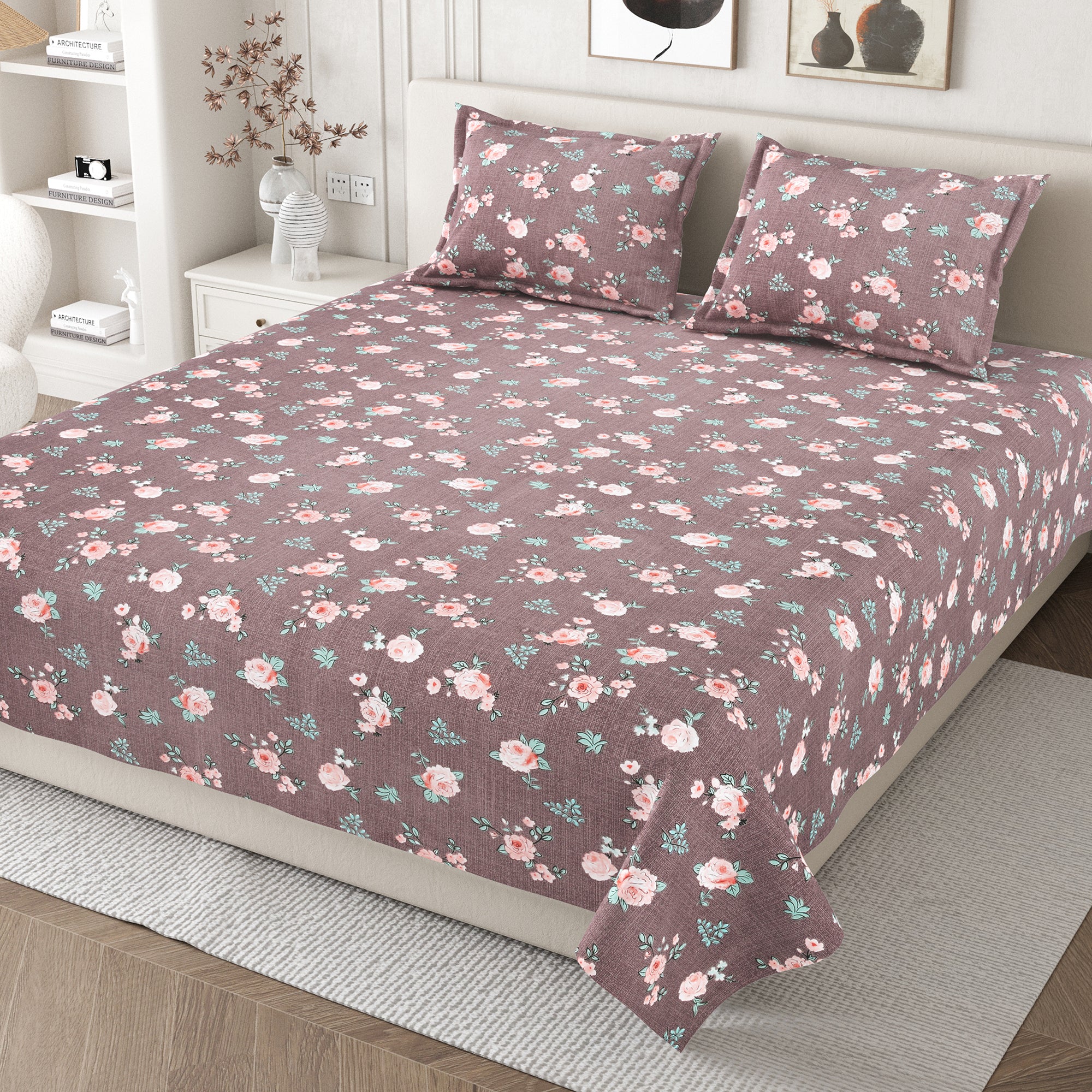 Daisy Queen Bedsheet with 2 Pillow Covers 130 GSM Micropeach Rose Beauty Grey