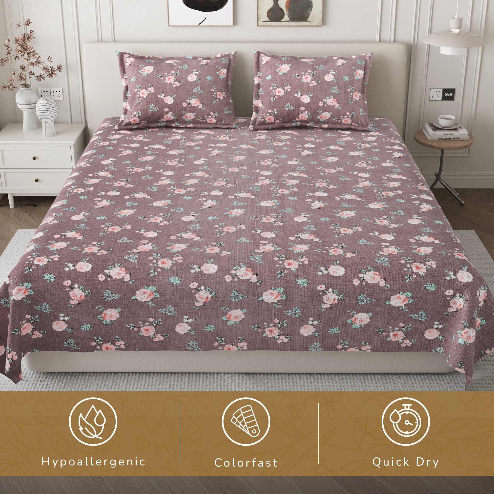 Daisy Queen Bedsheet with 2 Pillow Covers 130 GSM Micropeach Rose Beauty Grey