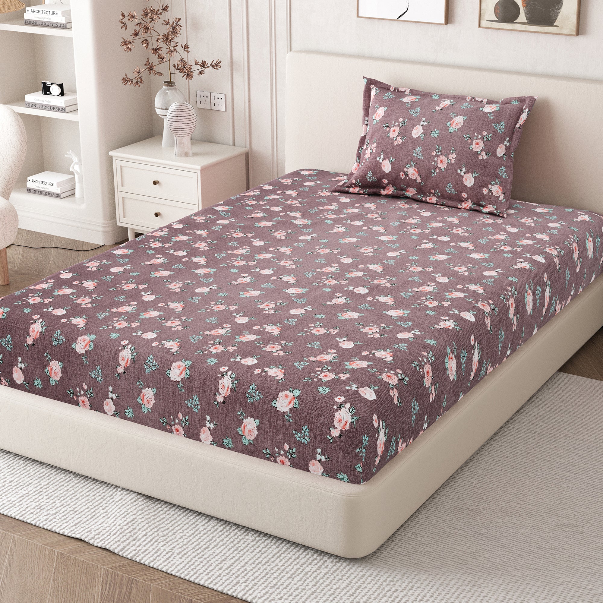 Daisy Single Bedsheet with 1 Pillow Cover 130 GSM Micropeach Rose Beauty Grey