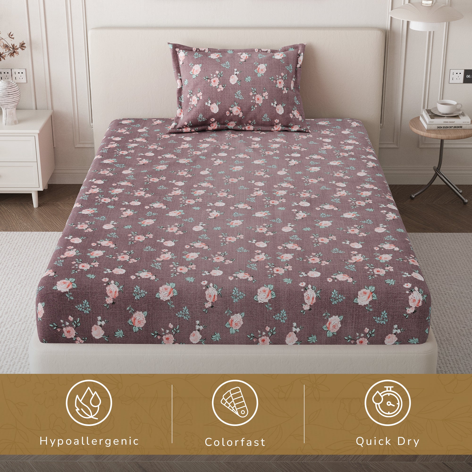 Daisy Single Bedsheet with 1 Pillow Cover 130 GSM Micropeach Rose Beauty Grey