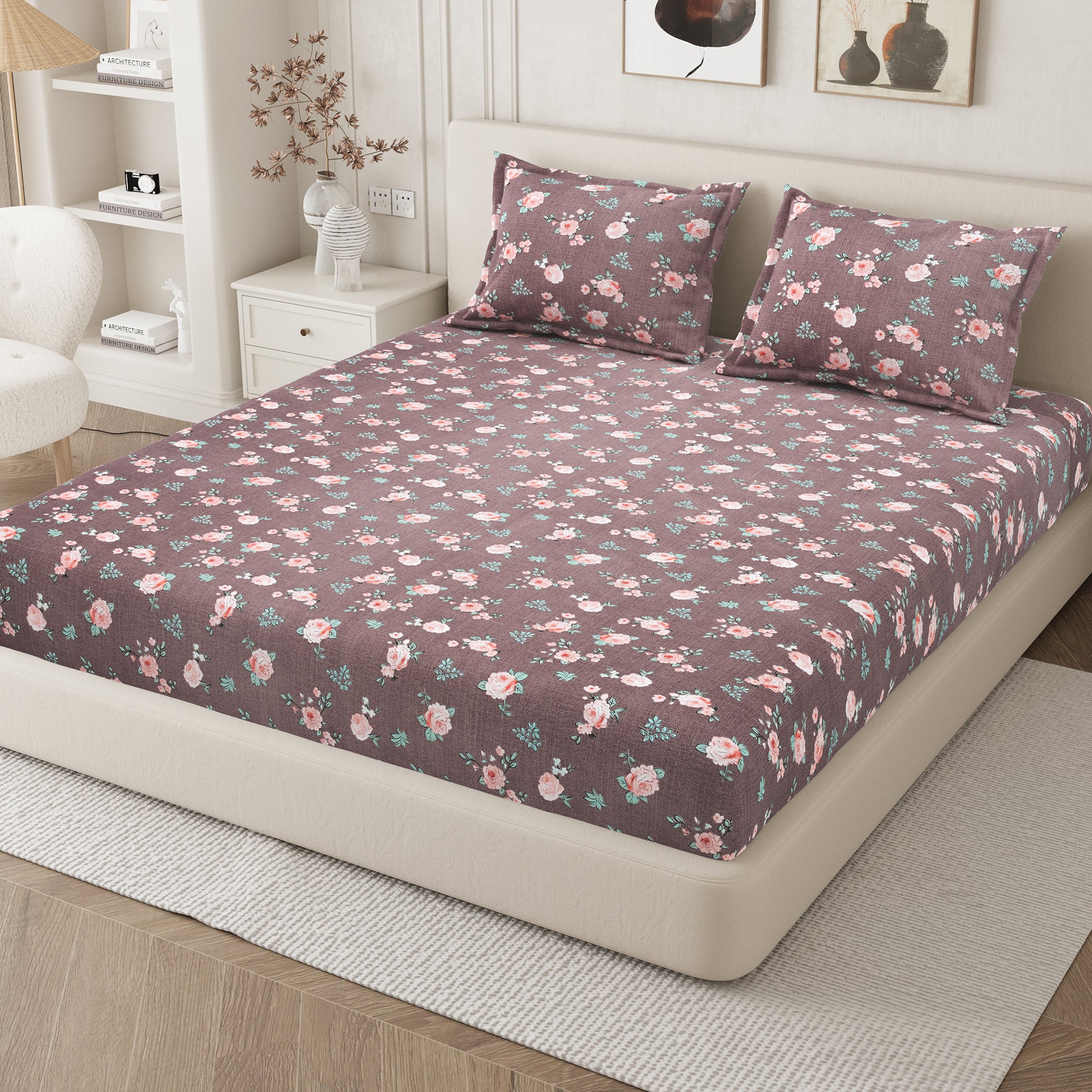 Daisy King Fitted Sheet with 2 Pillow Covers 130 GSM Micropeach Rose Beauty Grey