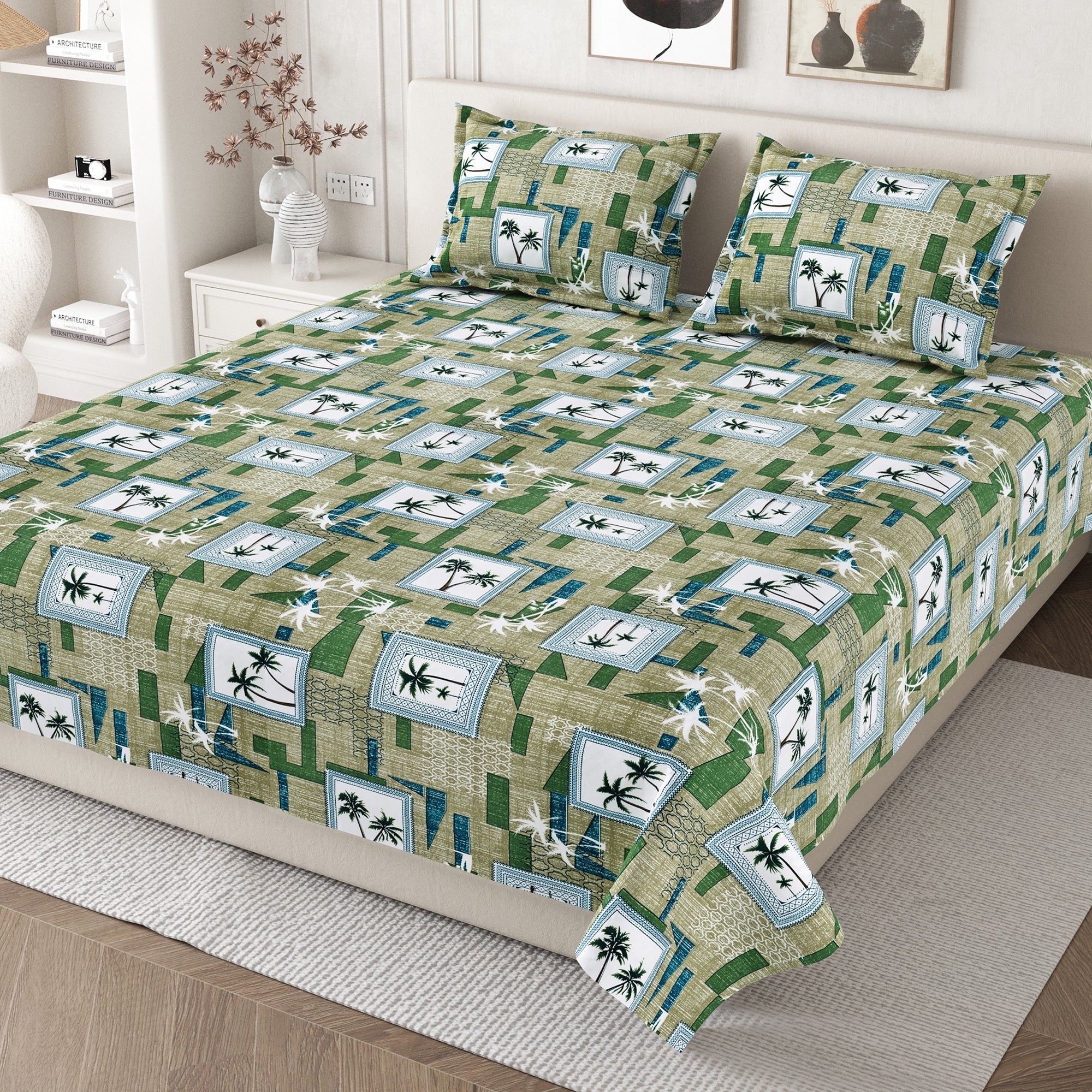 Daisy Queen Bedsheet with 2 Pillow Covers 130 GSM Micropeach Palm Tree Green