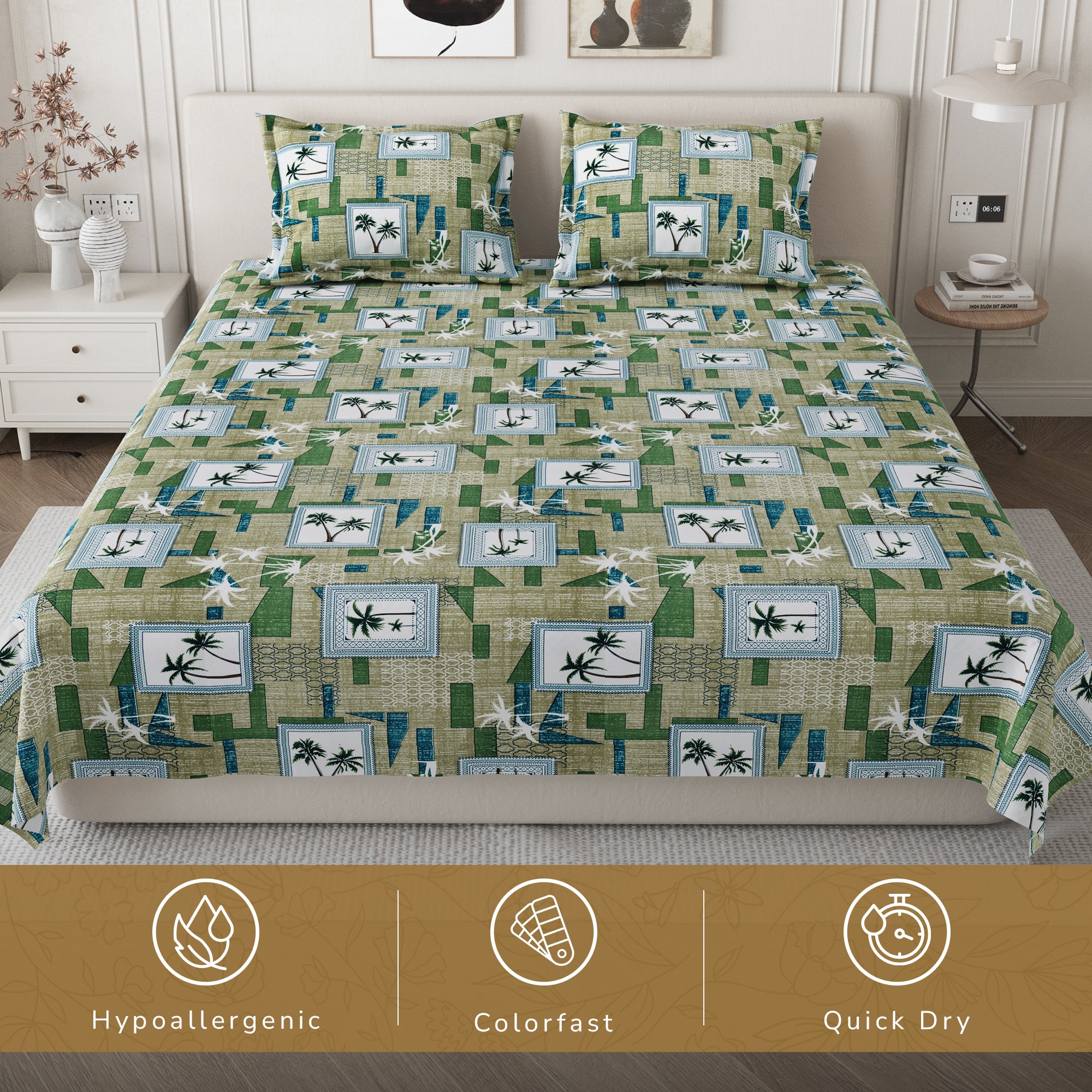 Daisy Queen Bedsheet with 2 Pillow Covers 130 GSM Micropeach Palm Tree Green