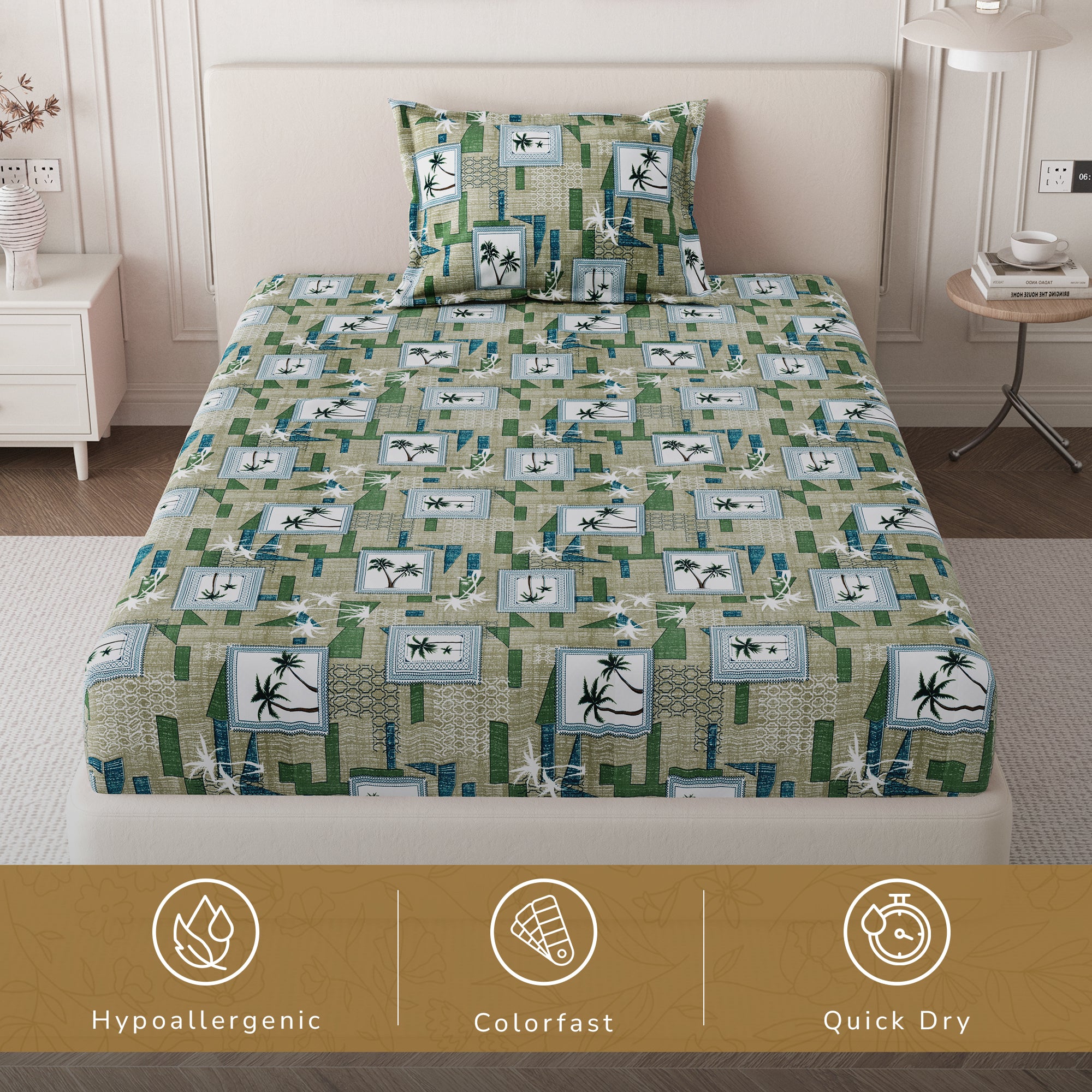 Daisy Single Bedsheet with 1 Pillow Cover 130 GSM Micropeach Palm Tree Green