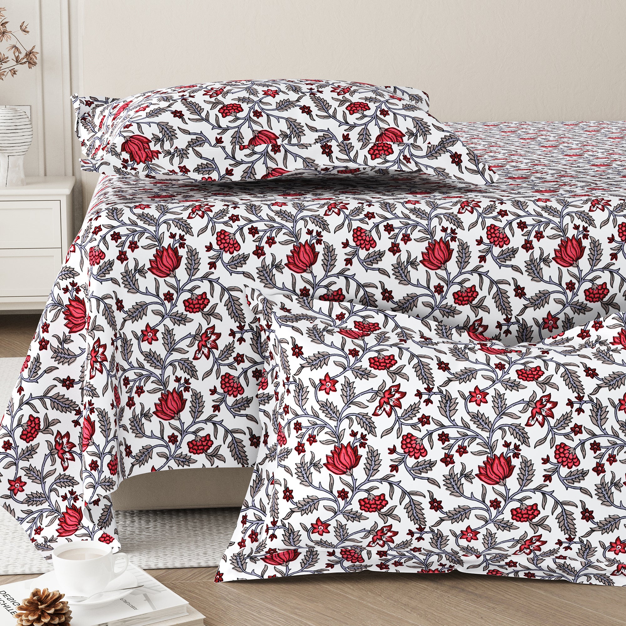 Daisy Queen Bedsheet with 2 Pillow Covers 130 GSM Micropeach Jaipuri Floral Red
