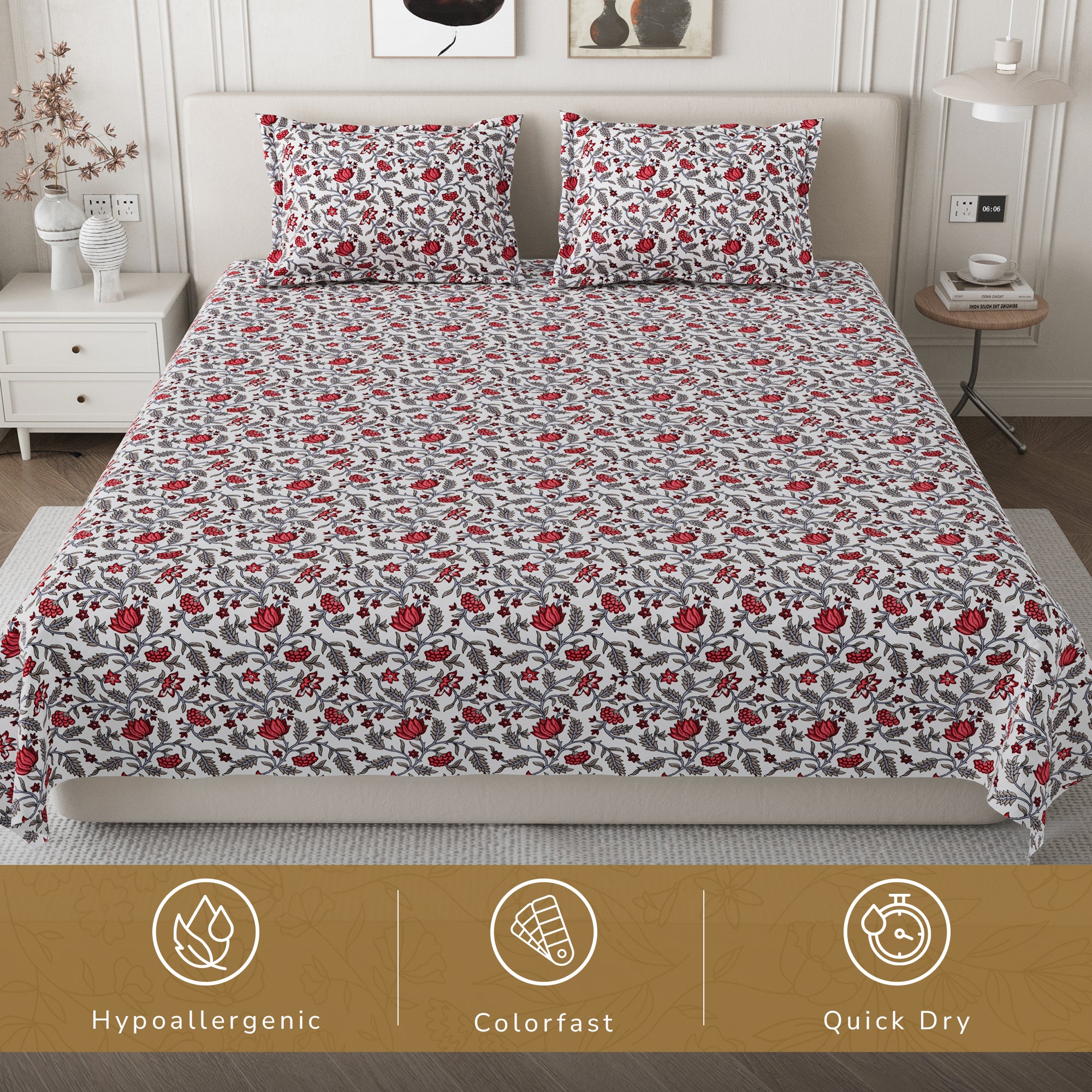 Daisy Queen Bedsheet with 2 Pillow Covers 130 GSM Micropeach Jaipuri Floral Red