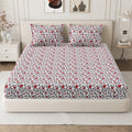 Daisy King Fitted Sheet with 2 Pillow Covers 130 GSM Micropeach Jaipuri Floral Red