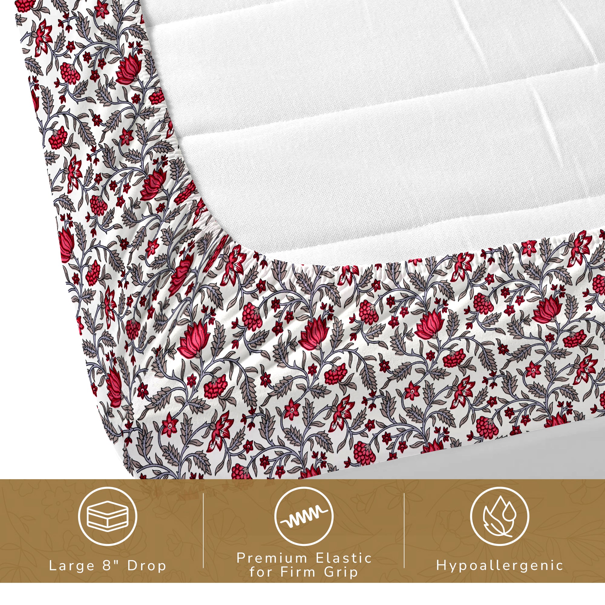 Daisy King Fitted Sheet with 2 Pillow Covers 130 GSM Micropeach Jaipuri Floral Red