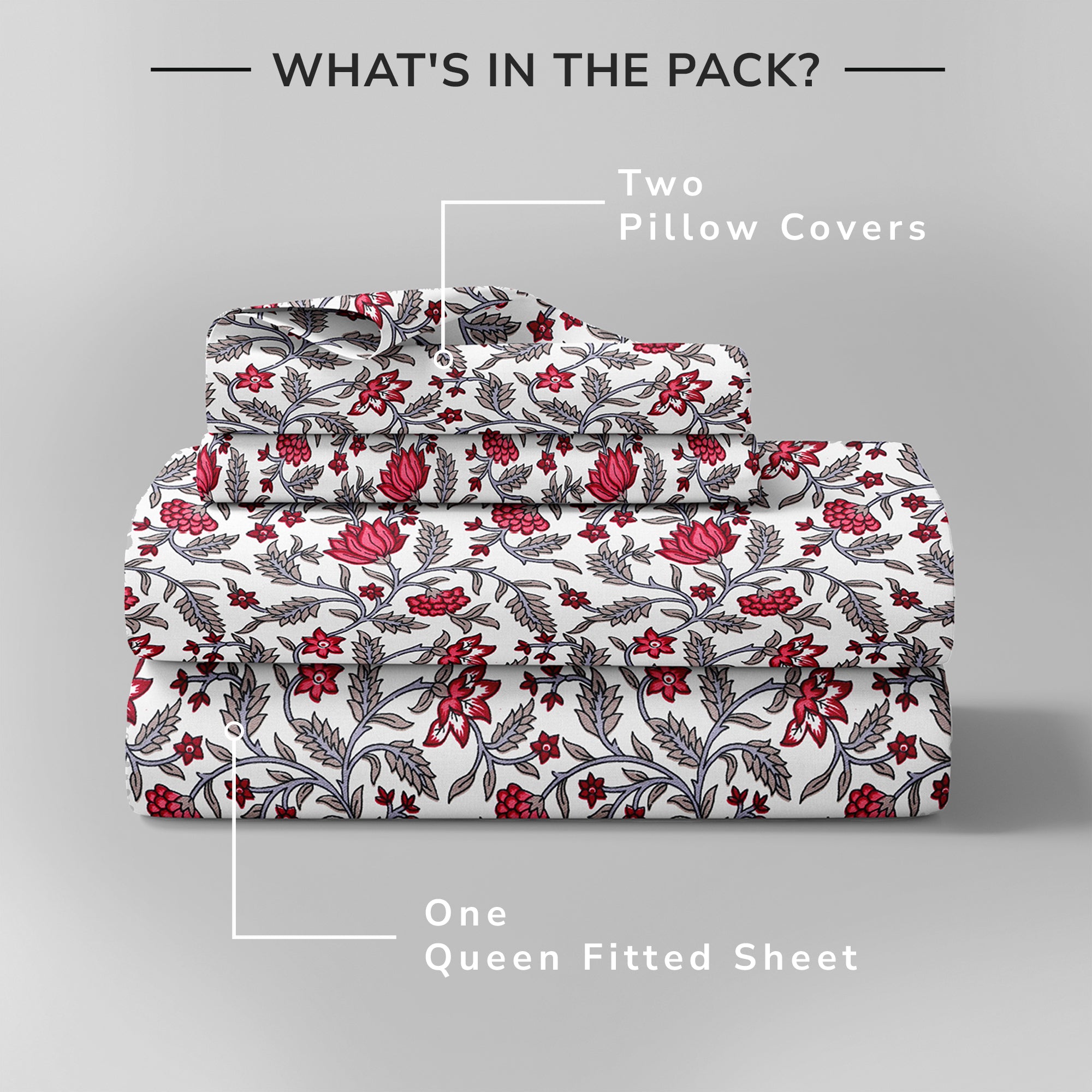 Daisy Queen Fitted Sheet with 2 Pillow Covers 130 GSM Micropeach Jaipuri Floral Red