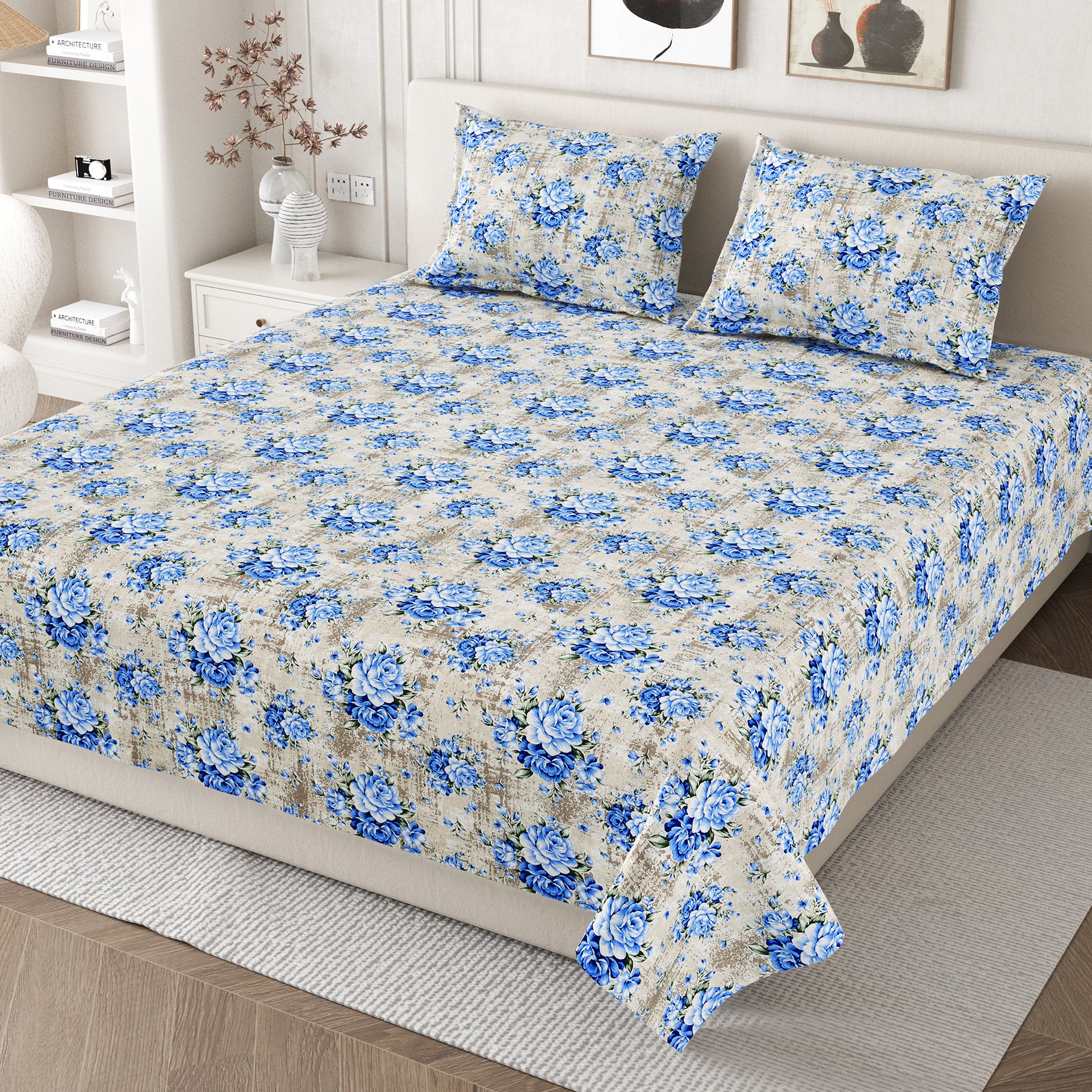 Daisy Queen Bedsheet with 2 Pillow Covers 130 GSM Micropeach Vintage Floral Blue