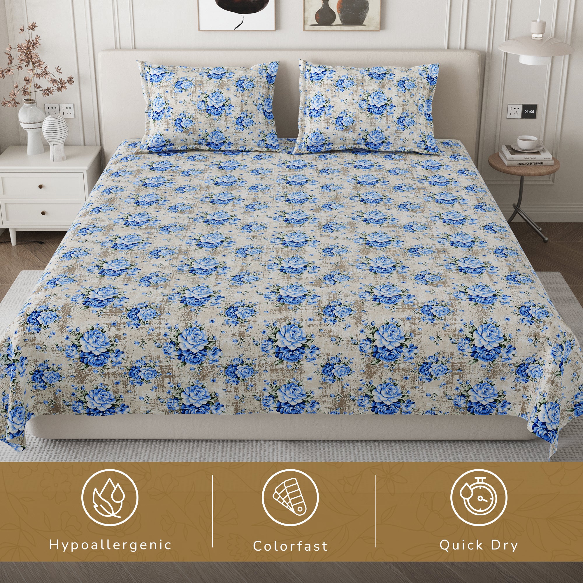 Daisy Queen Bedsheet with 2 Pillow Covers 130 GSM Micropeach Vintage Floral Blue