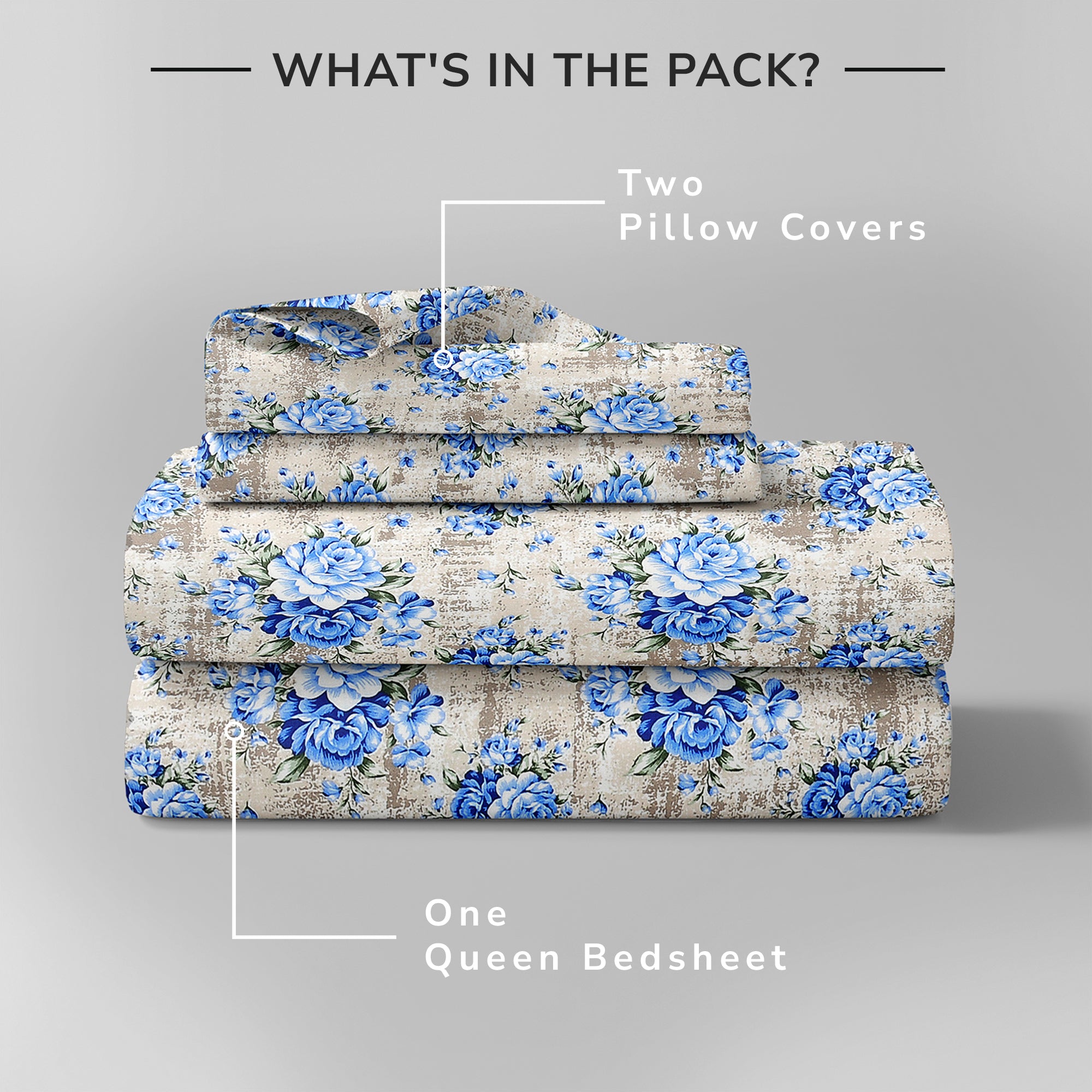 Daisy Queen Bedsheet with 2 Pillow Covers 130 GSM Micropeach Vintage Floral Blue