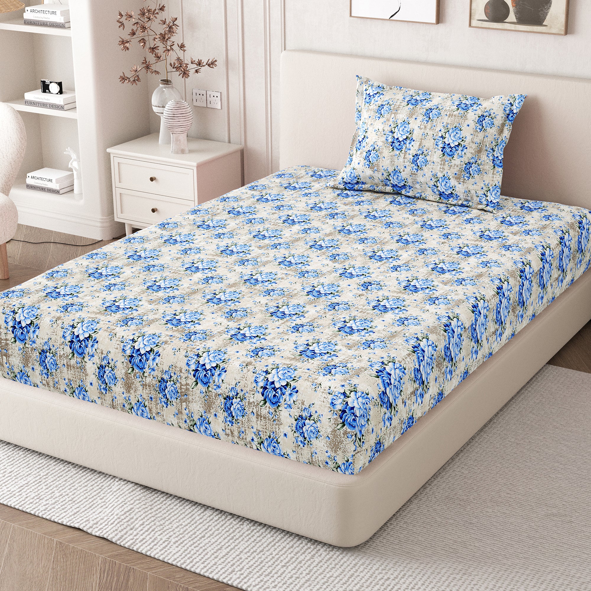 Daisy Single Bedsheet with 1 Pillow Cover 130 GSM Micropeach Vintage Floral Blue
