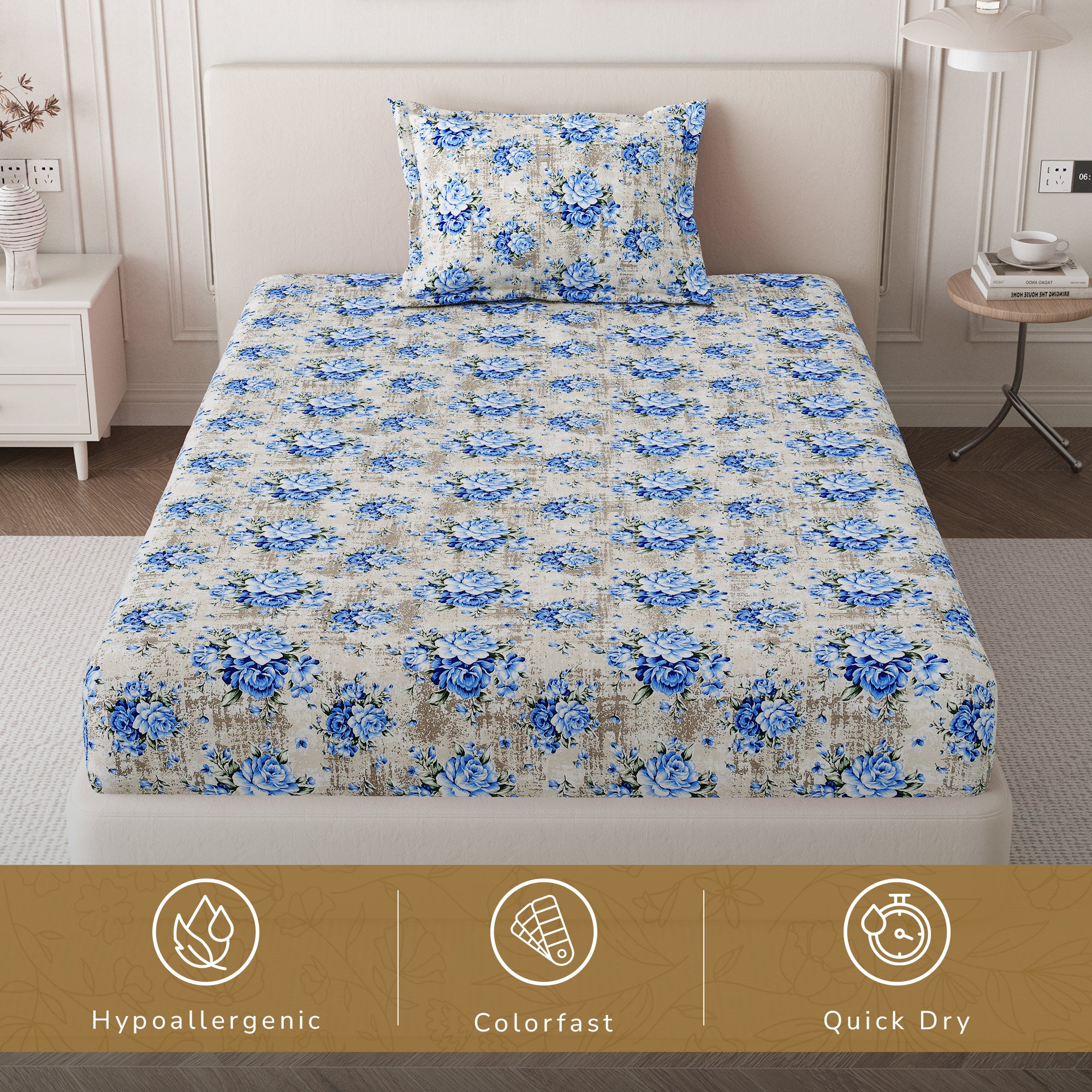 Daisy Single Bedsheet with 1 Pillow Cover 130 GSM Micropeach Vintage Floral Blue