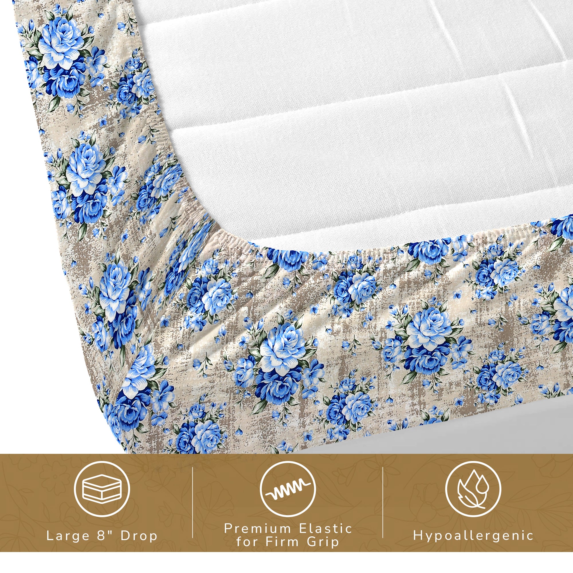 Daisy King Fitted Sheet with 2 Pillow Covers 130 GSM Micropeach Vintage Floral Blue