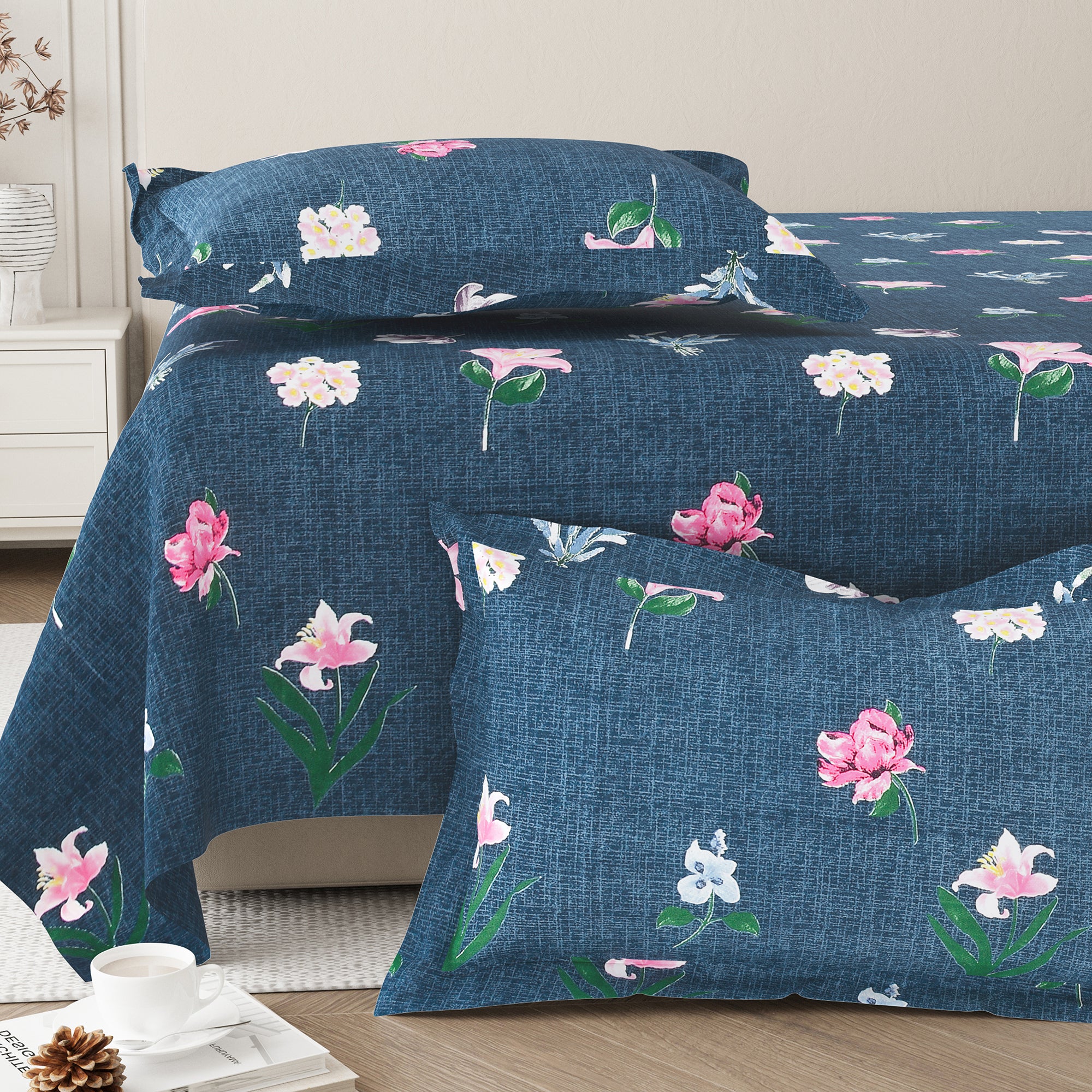 Daisy Queen Bedsheet with 2 Pillow Covers 130 GSM Micropeach Floral Garden Blue
