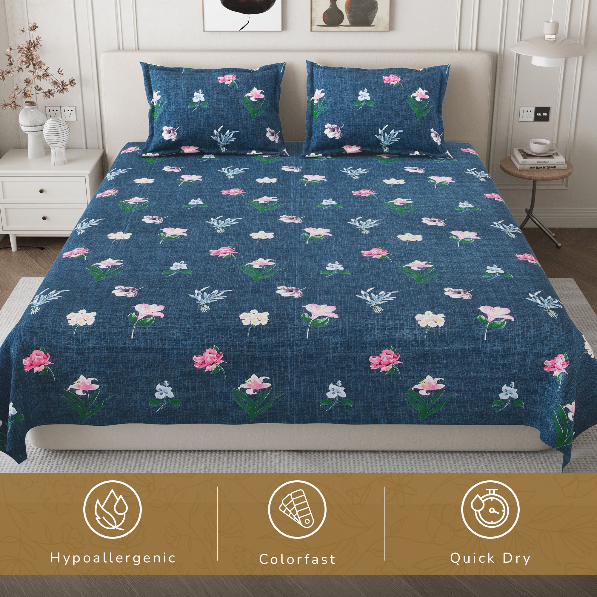 Daisy Queen Bedsheet with 2 Pillow Covers 130 GSM Micropeach Floral Garden Blue