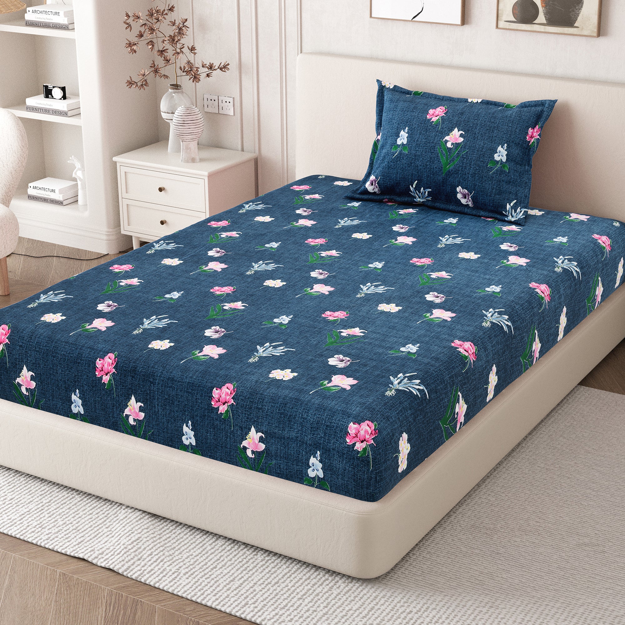 Daisy Single Bedsheet with 1 Pillow Cover 130 GSM Micropeach Floral Garden Blue