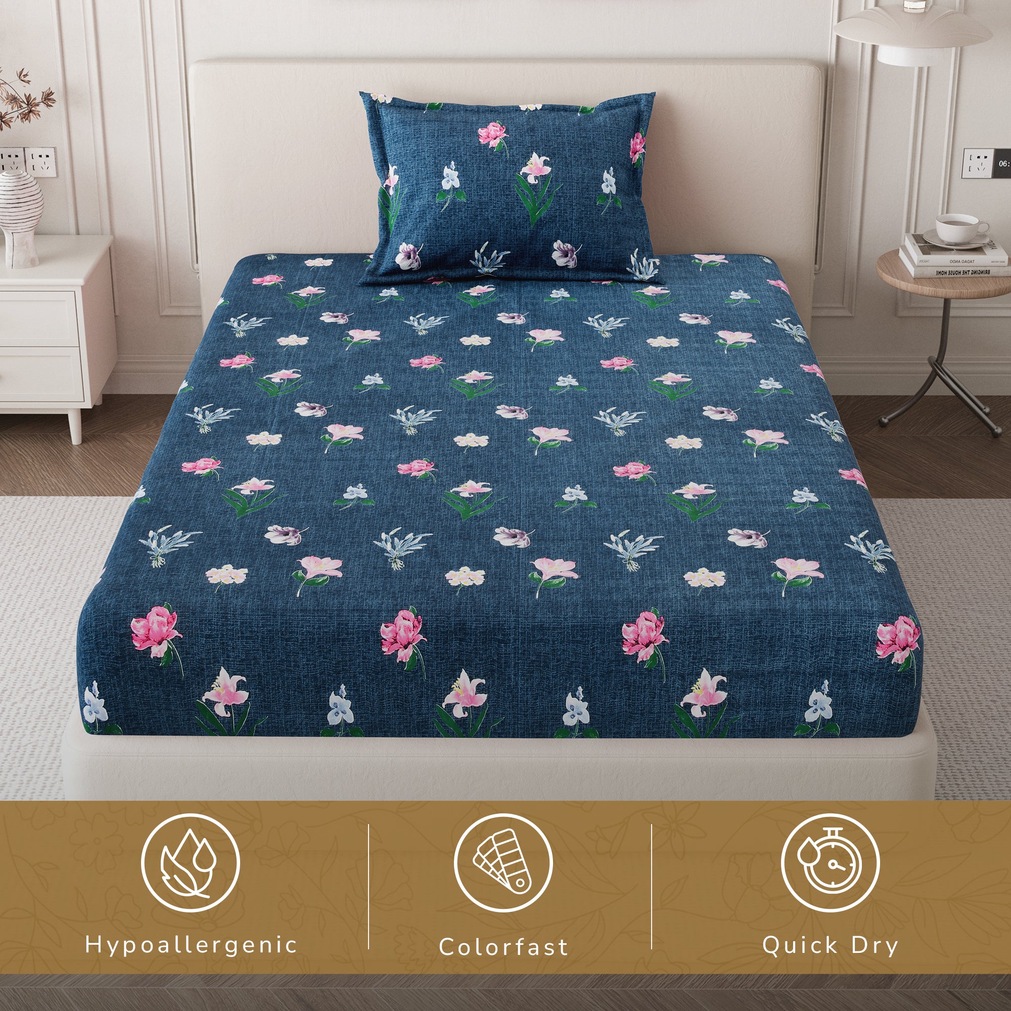 Daisy Single Bedsheet with 1 Pillow Cover 130 GSM Micropeach Floral Garden Blue