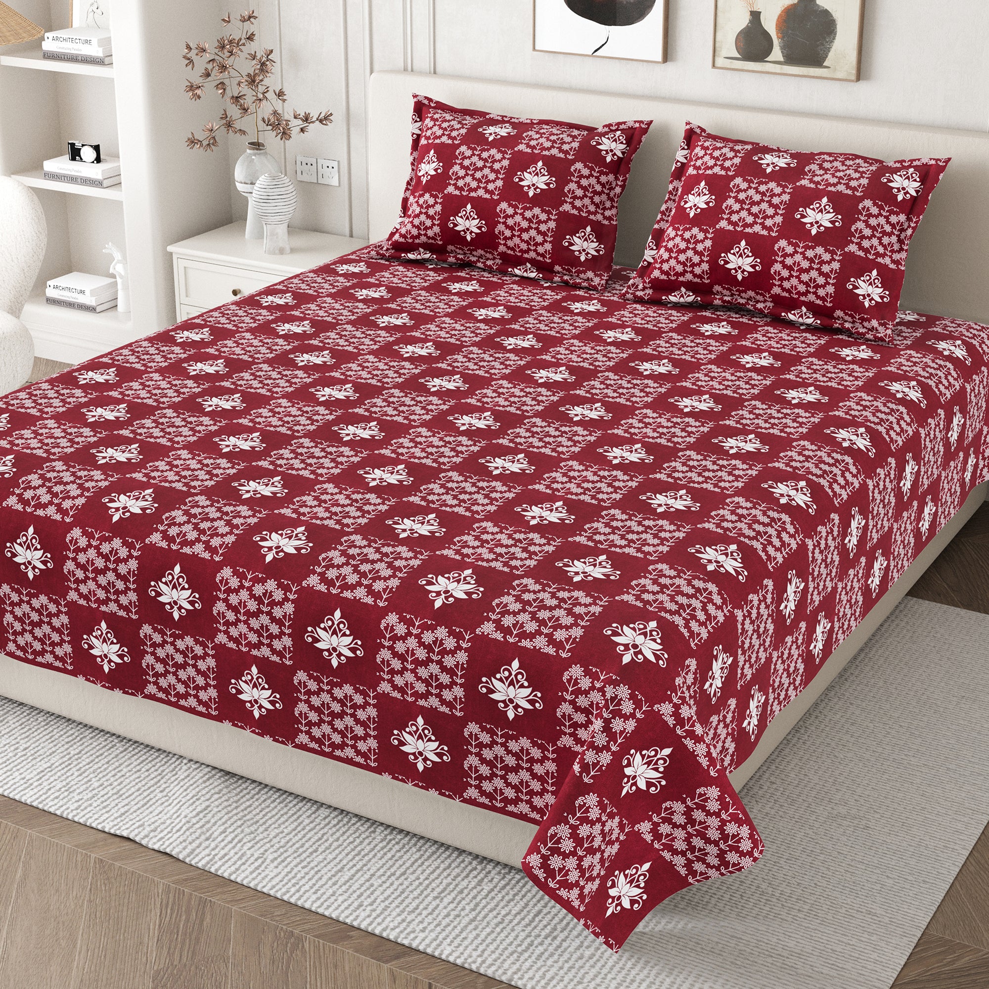 Daisy Queen Bedsheet with 2 Pillow Covers 130 GSM Micropeach Floral Diamond Red