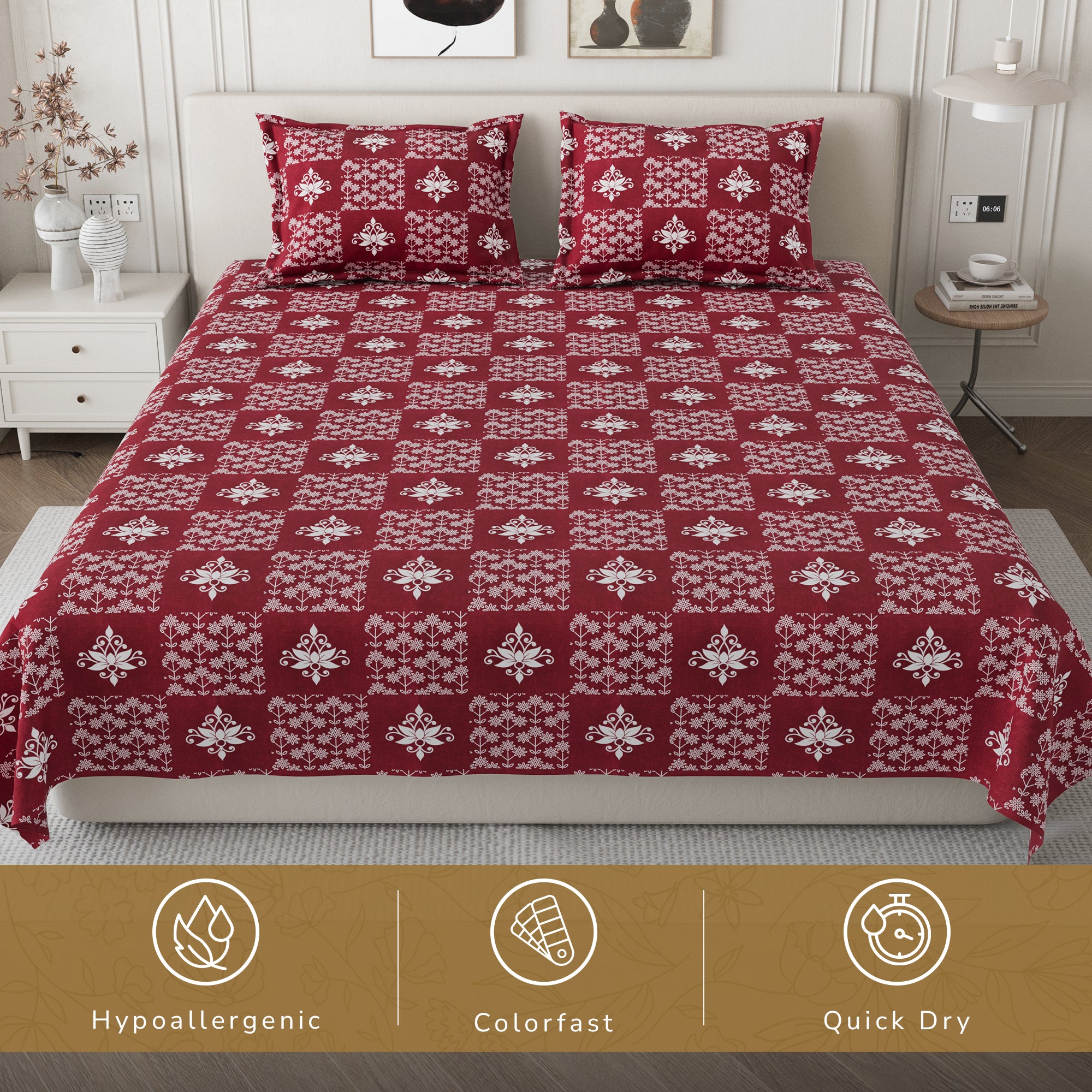 Daisy Queen Bedsheet with 2 Pillow Covers 130 GSM Micropeach Floral Diamond Red
