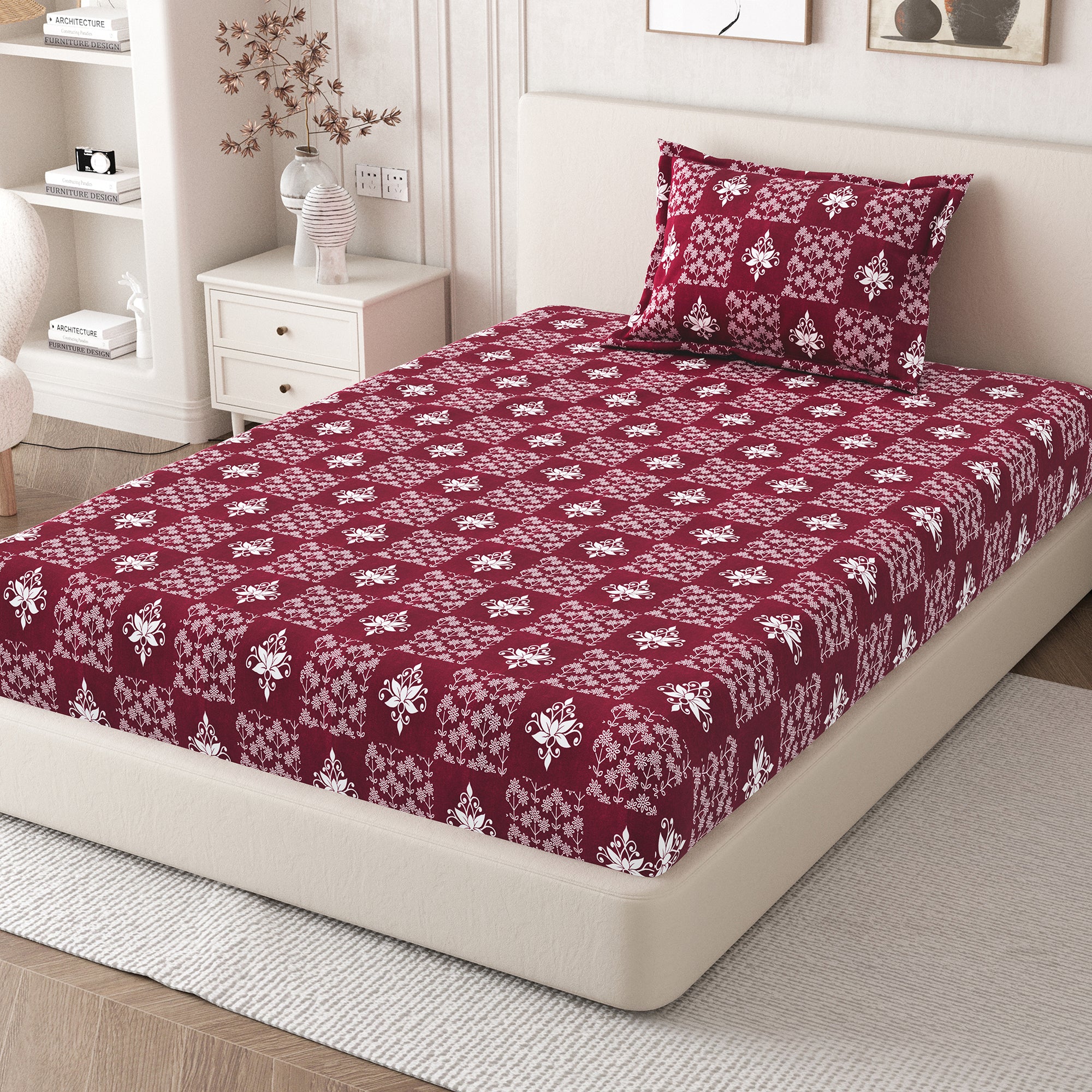 Daisy Single Bedsheet with 1 Pillow Cover 130 GSM Micropeach Floral Diamond Red