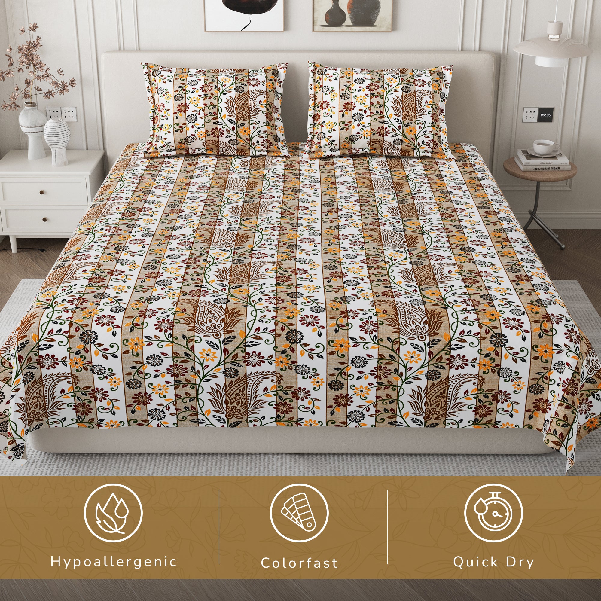 Daisy Queen Bedsheet with 2 Pillow Covers 130 GSM Micropeach Liitle Flowers Brown