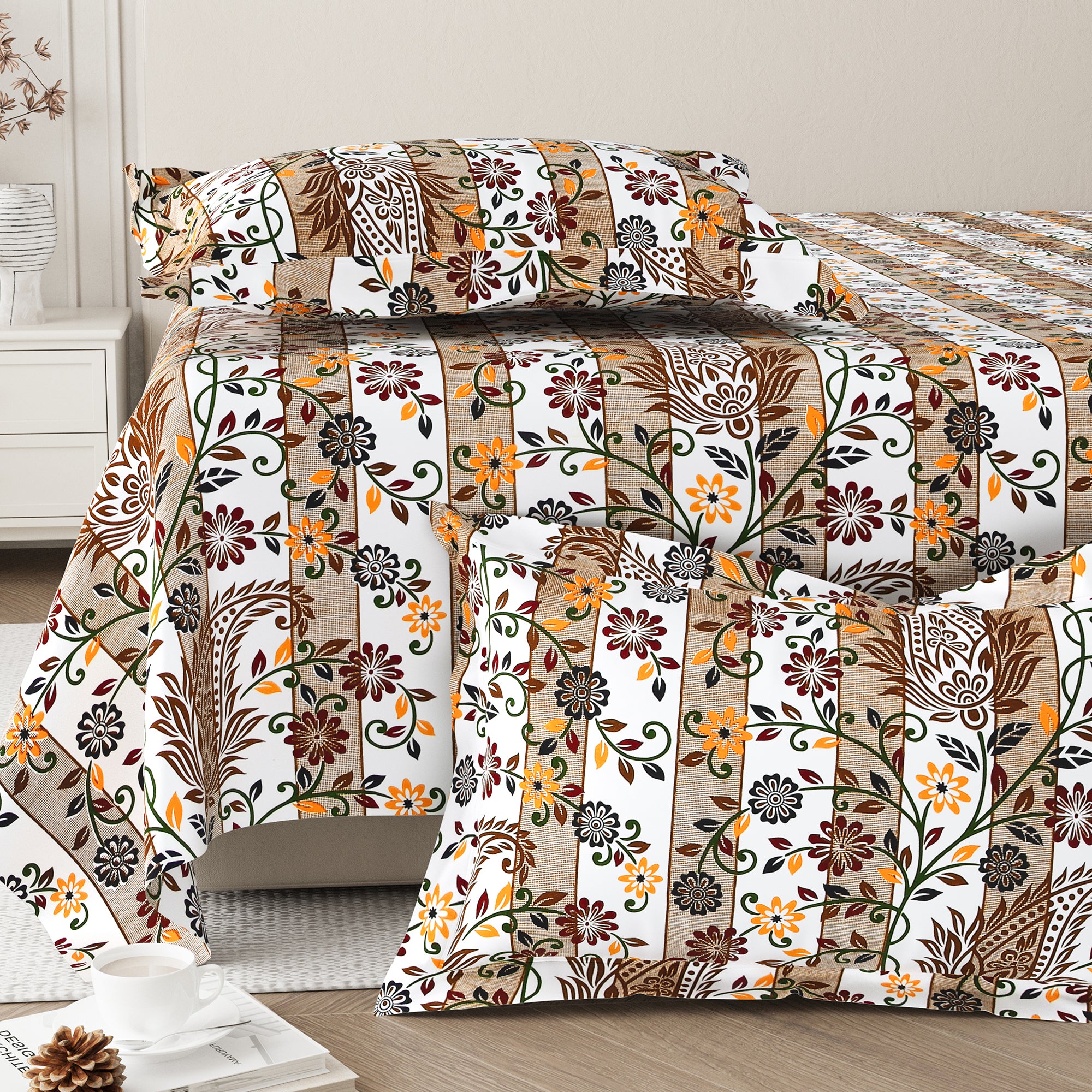 Daisy Single Bedsheet with 1 Pillow Cover 130 GSM Micropeach Liitle Flowers Brown