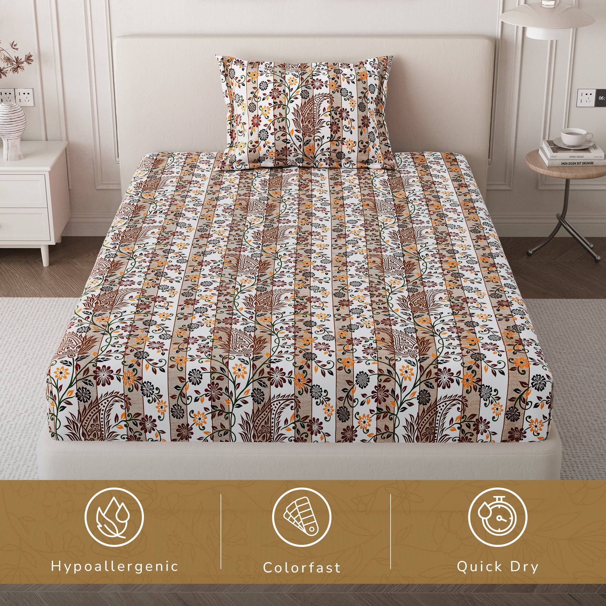 Daisy Single Bedsheet with 1 Pillow Cover 130 GSM Micropeach Liitle Flowers Brown