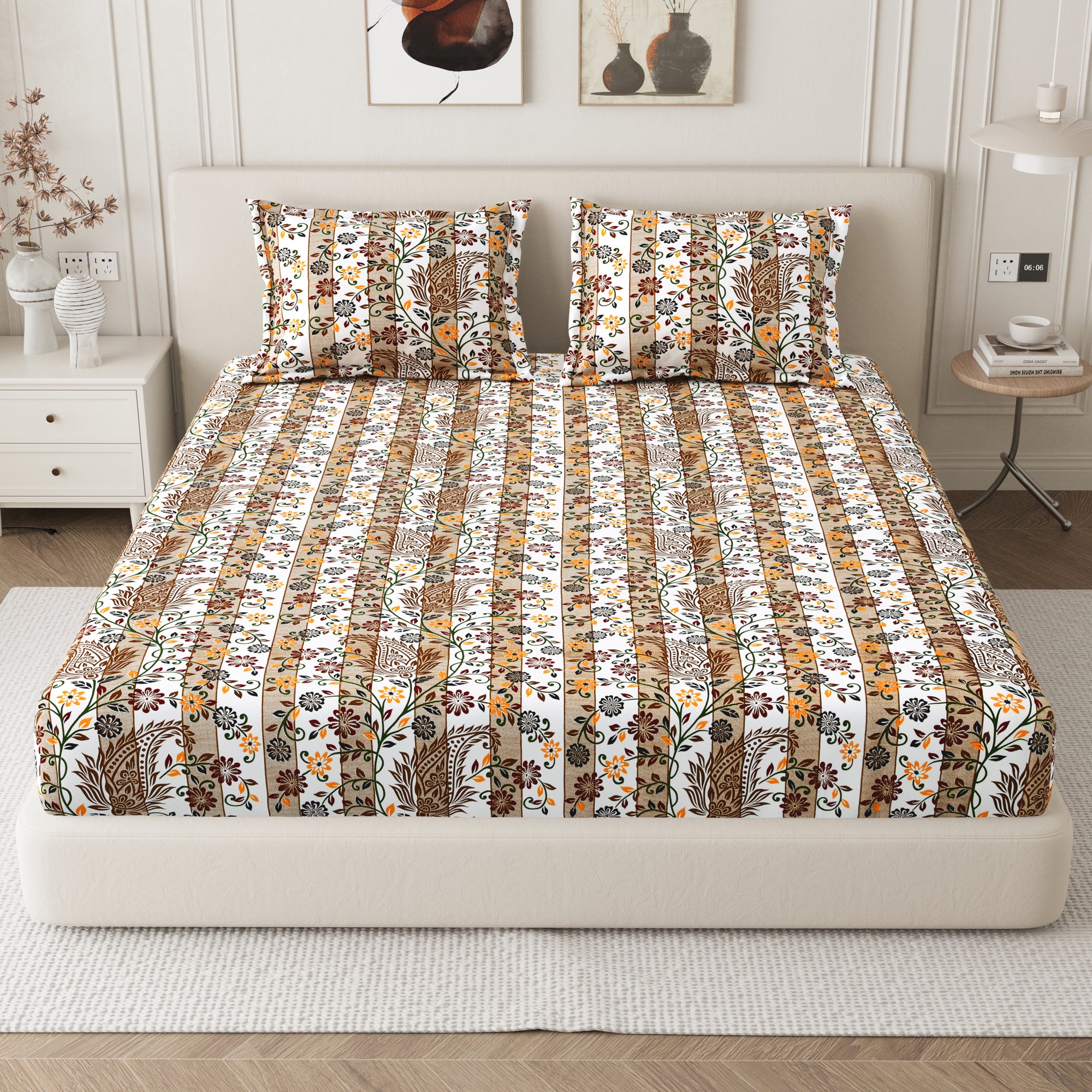 Daisy King Fitted Sheet with 2 Pillow Covers 130 GSM Micropeach Liitle Flowers Brown