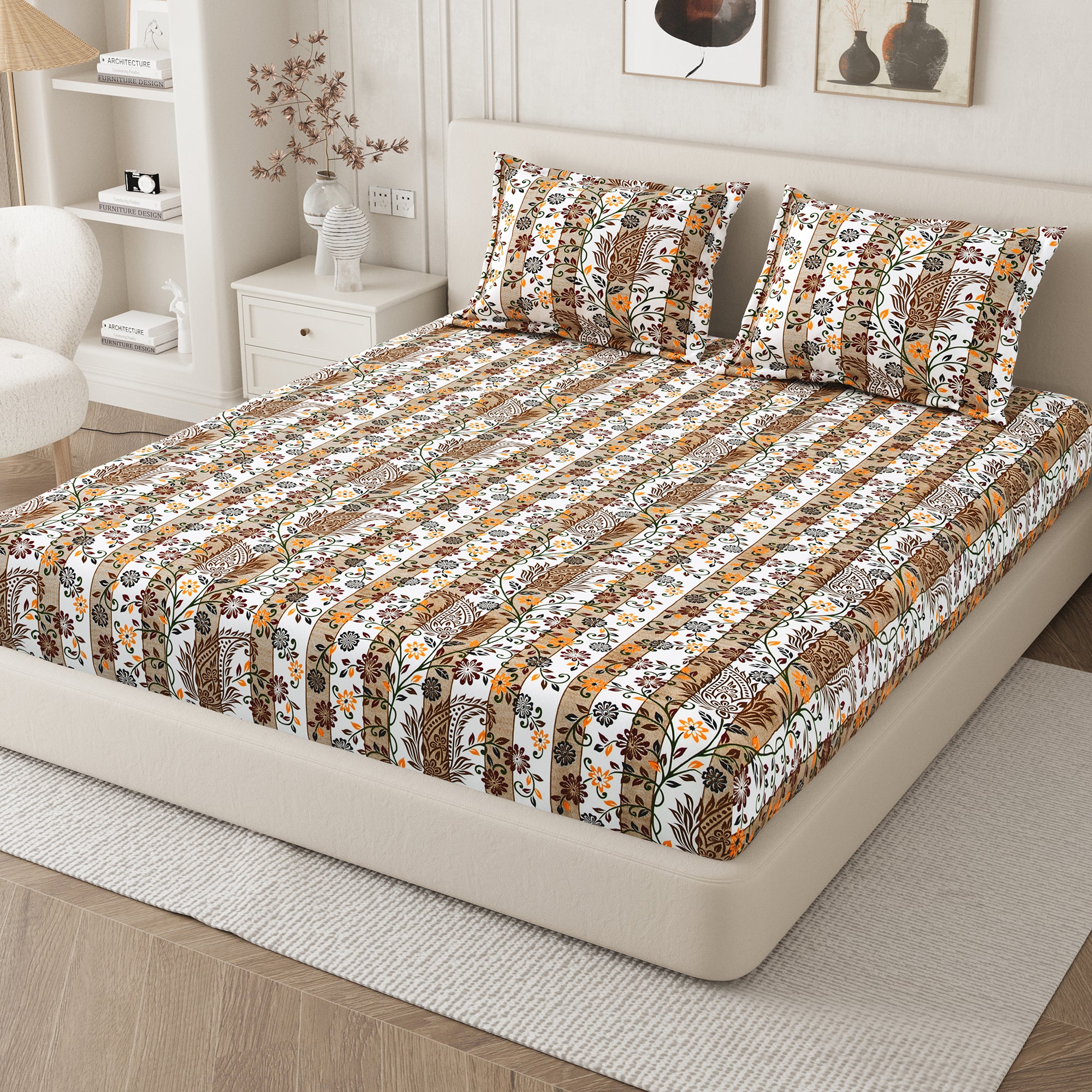 Daisy King Fitted Sheet with 2 Pillow Covers 130 GSM Micropeach Liitle Flowers Brown