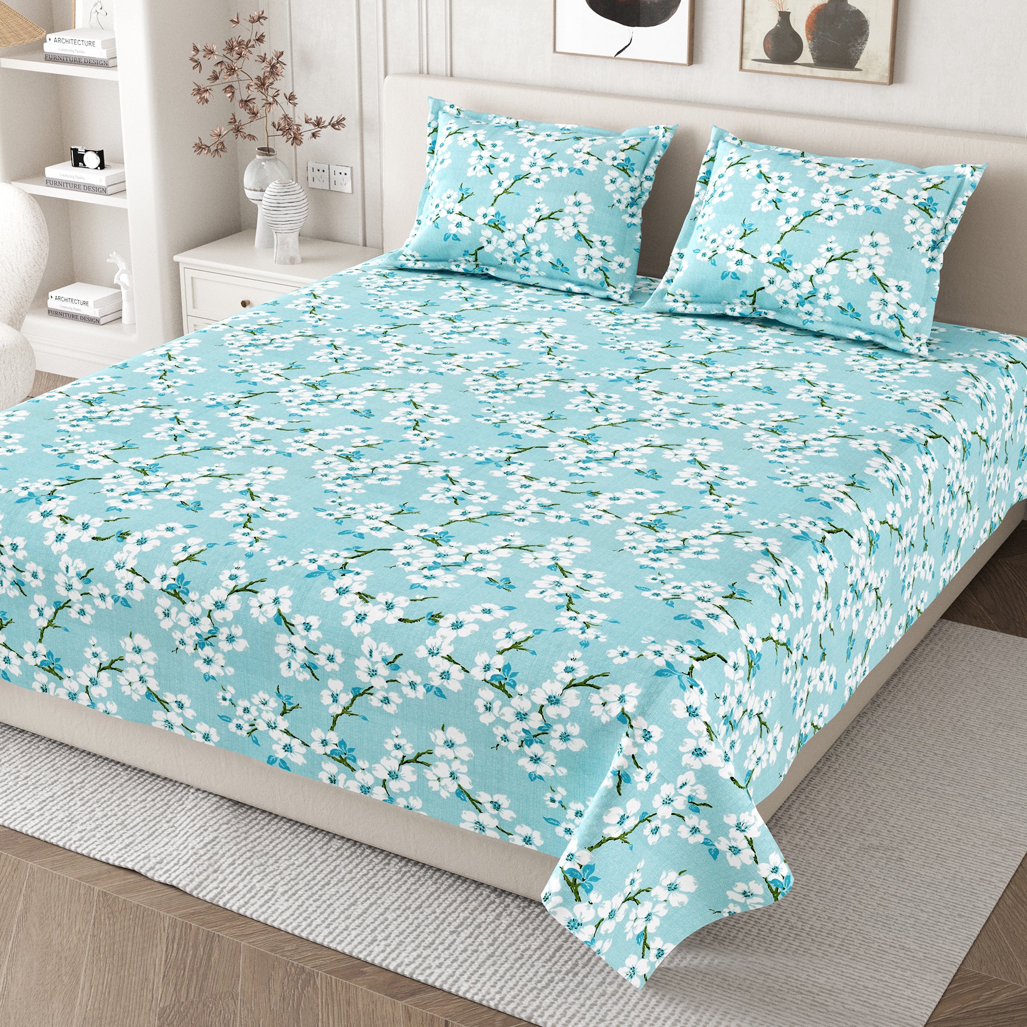 Daisy Queen Bedsheet with 2 Pillow Covers 130 GSM Micropeach Blossam Blue Blue