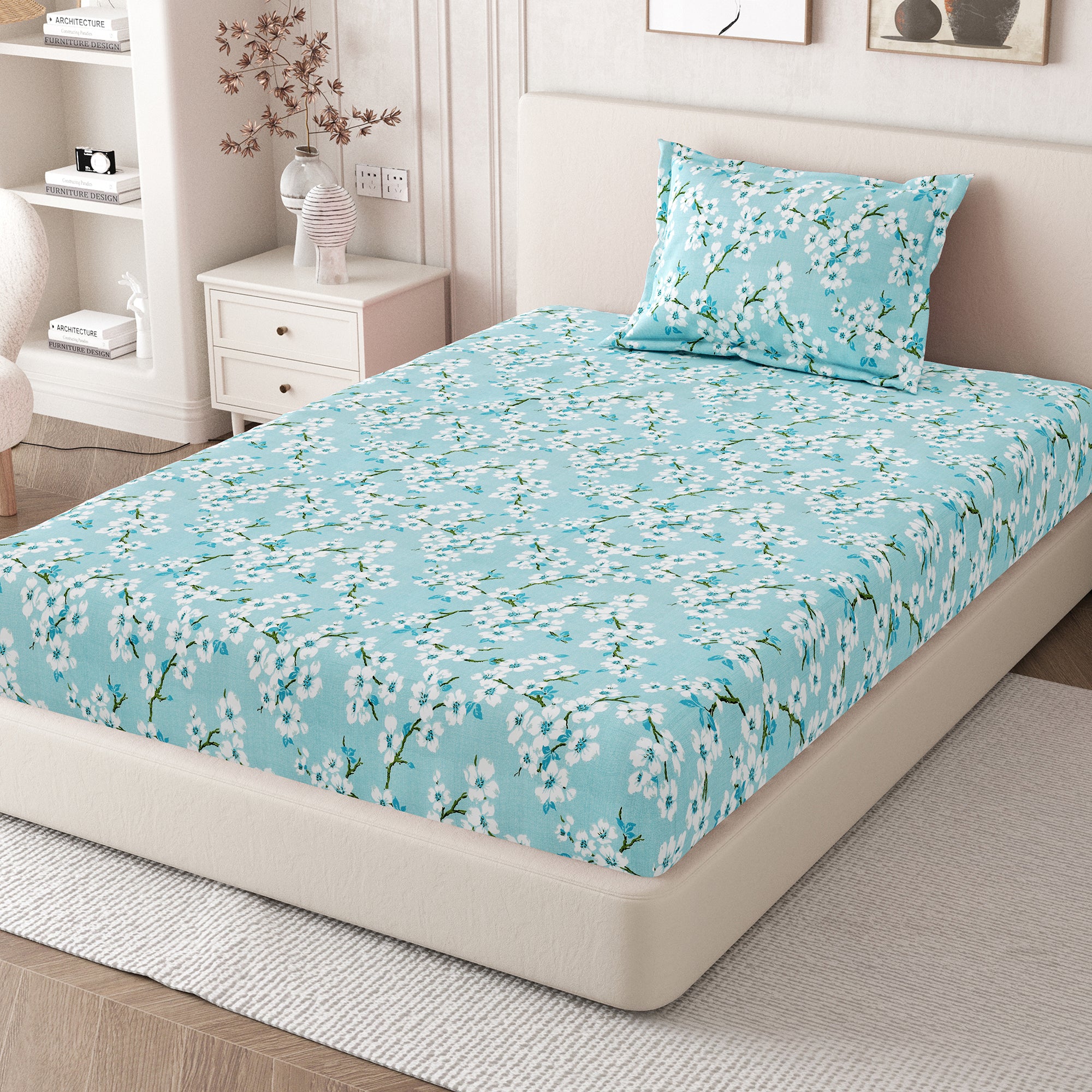 Daisy Single Bedsheet with 1 Pillow Cover 130 GSM Micropeach Blossam Blue Blue