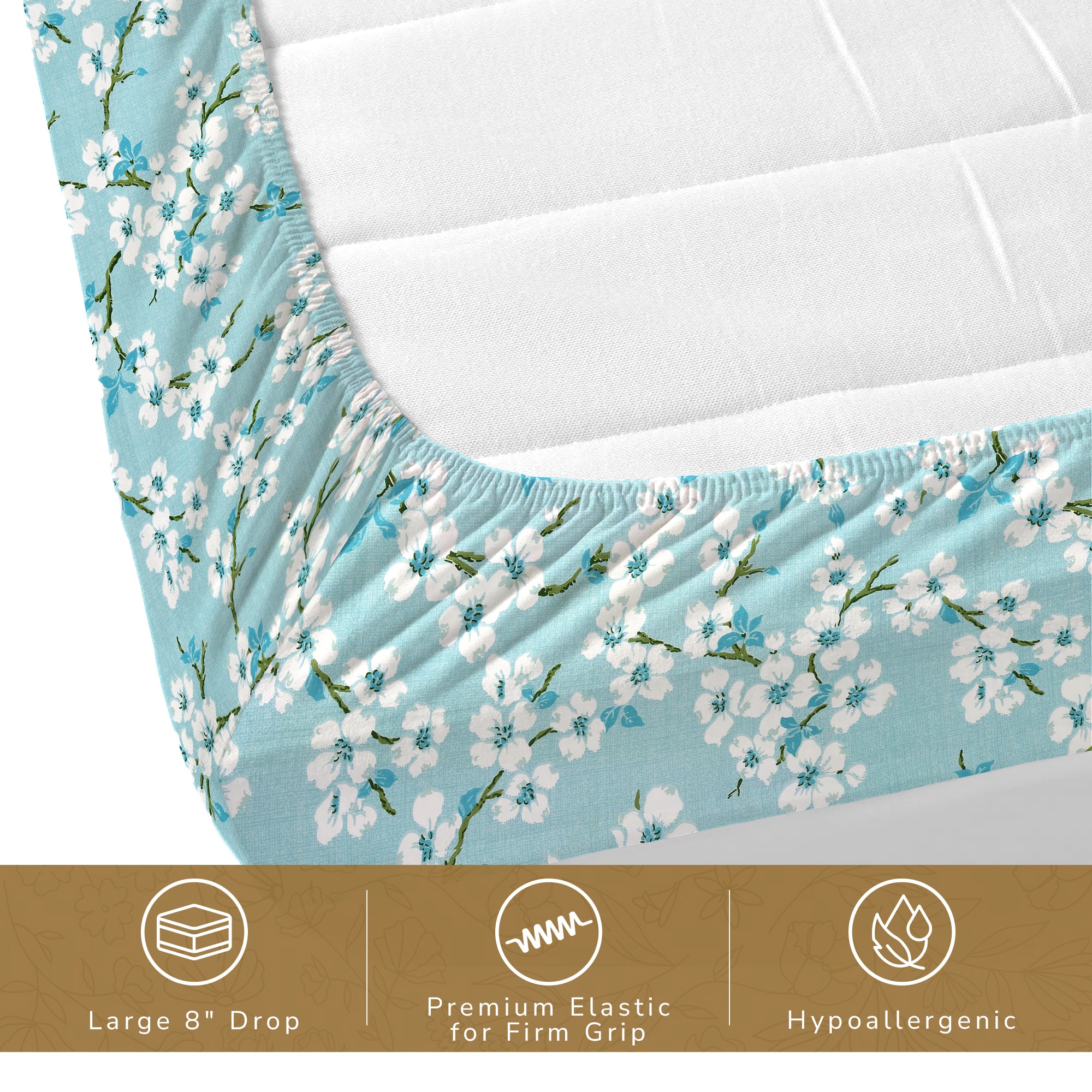 Daisy King Fitted Sheet with 2 Pillow Covers 130 GSM Micropeach Blossam Blue Blue