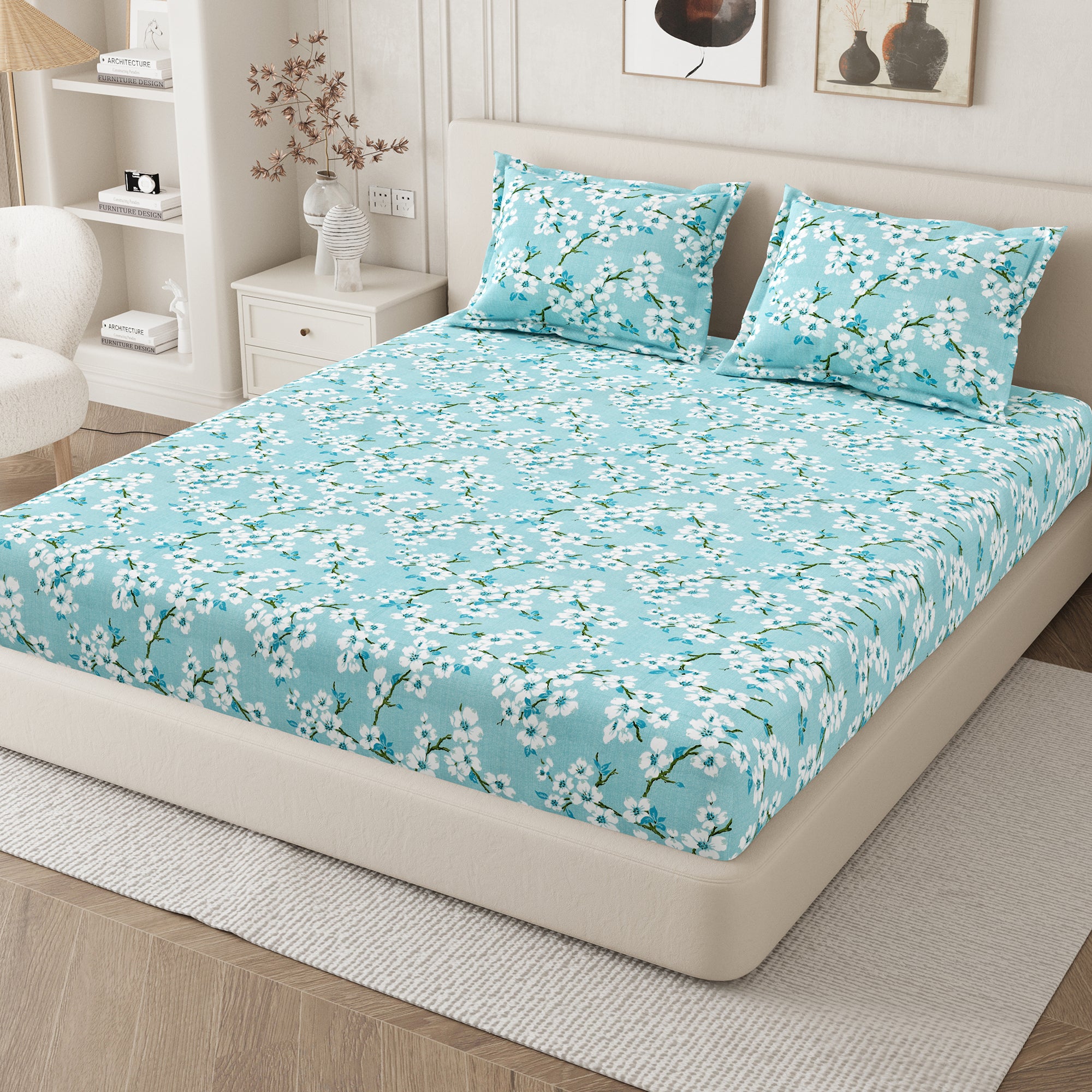 Daisy Queen Fitted Sheet with 2 Pillow Covers 130 GSM Micropeach Blossam Blue Blue