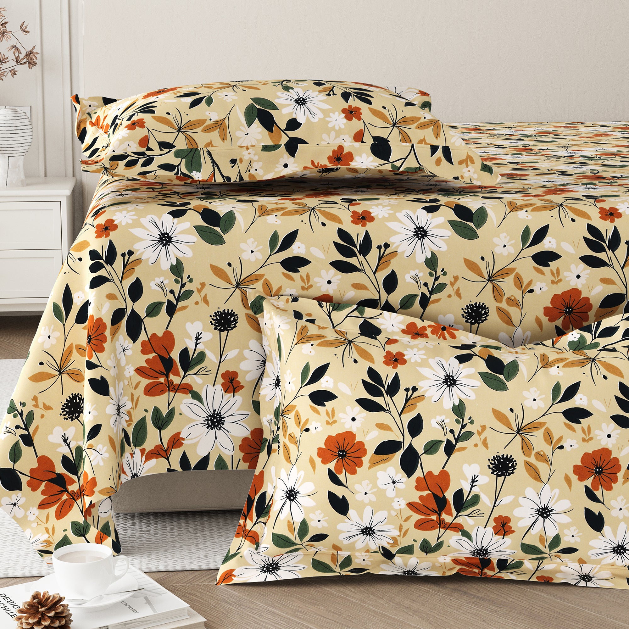 Daisy Queen Bedsheet with 2 Pillow Covers 130 GSM Micropeach Muted Floral Brown