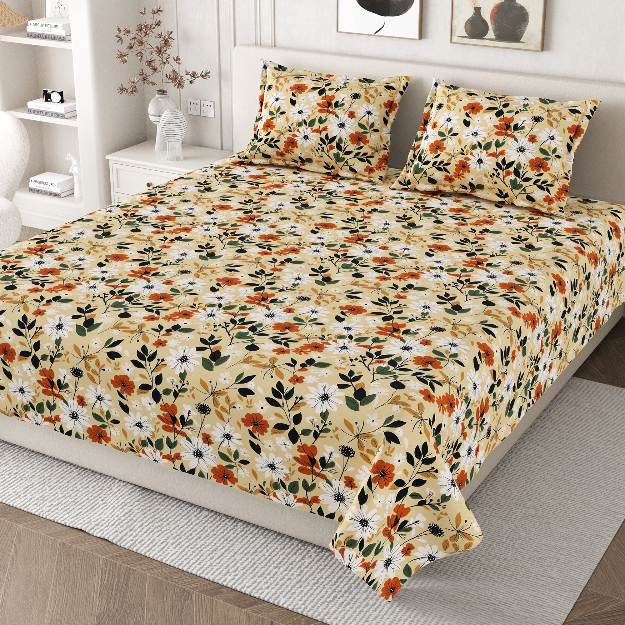 Daisy Queen Bedsheet with 2 Pillow Covers 130 GSM Micropeach Muted Floral Brown