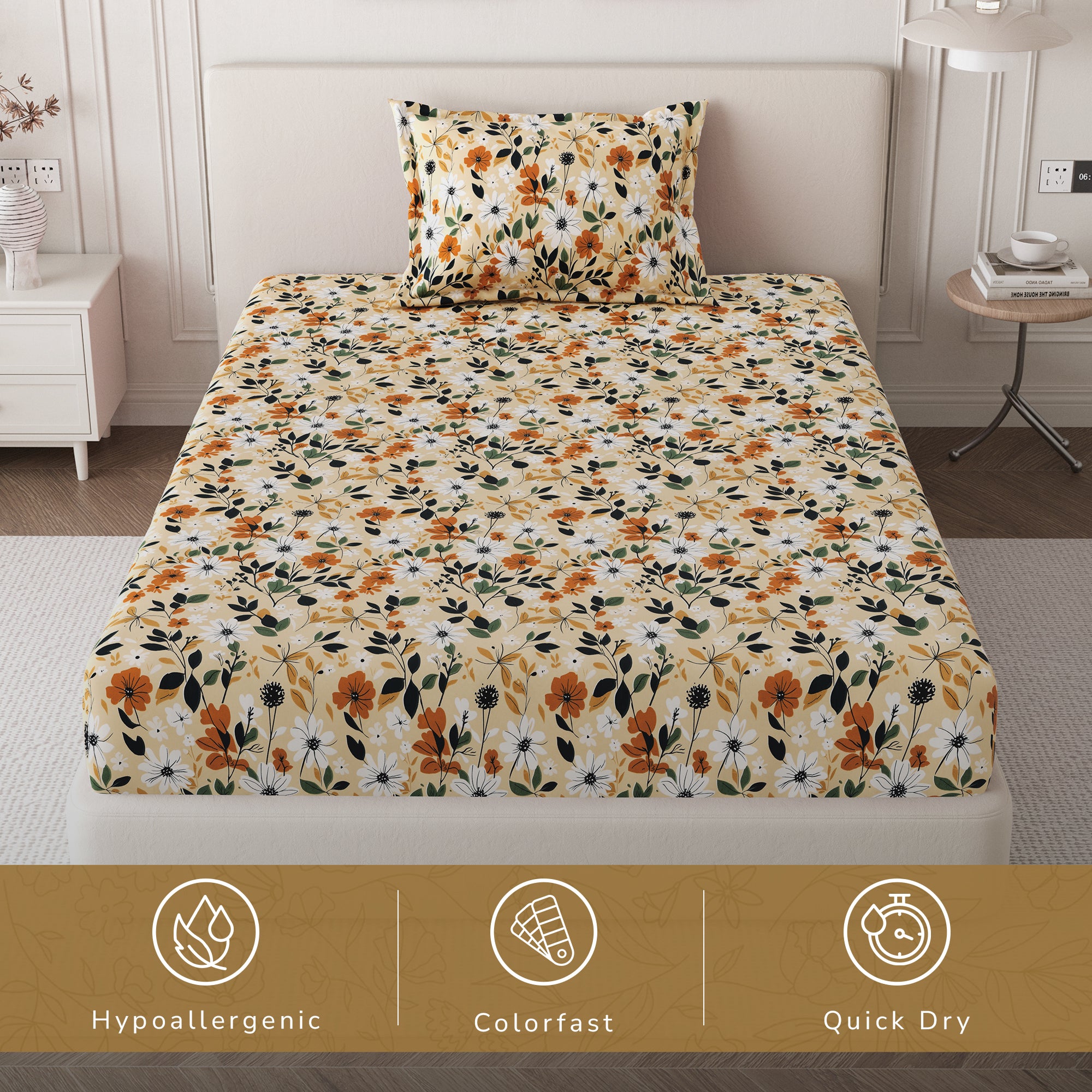 Daisy Single Bedsheet with 1 Pillow Cover 130 GSM Micropeach Muted Floral Brown
