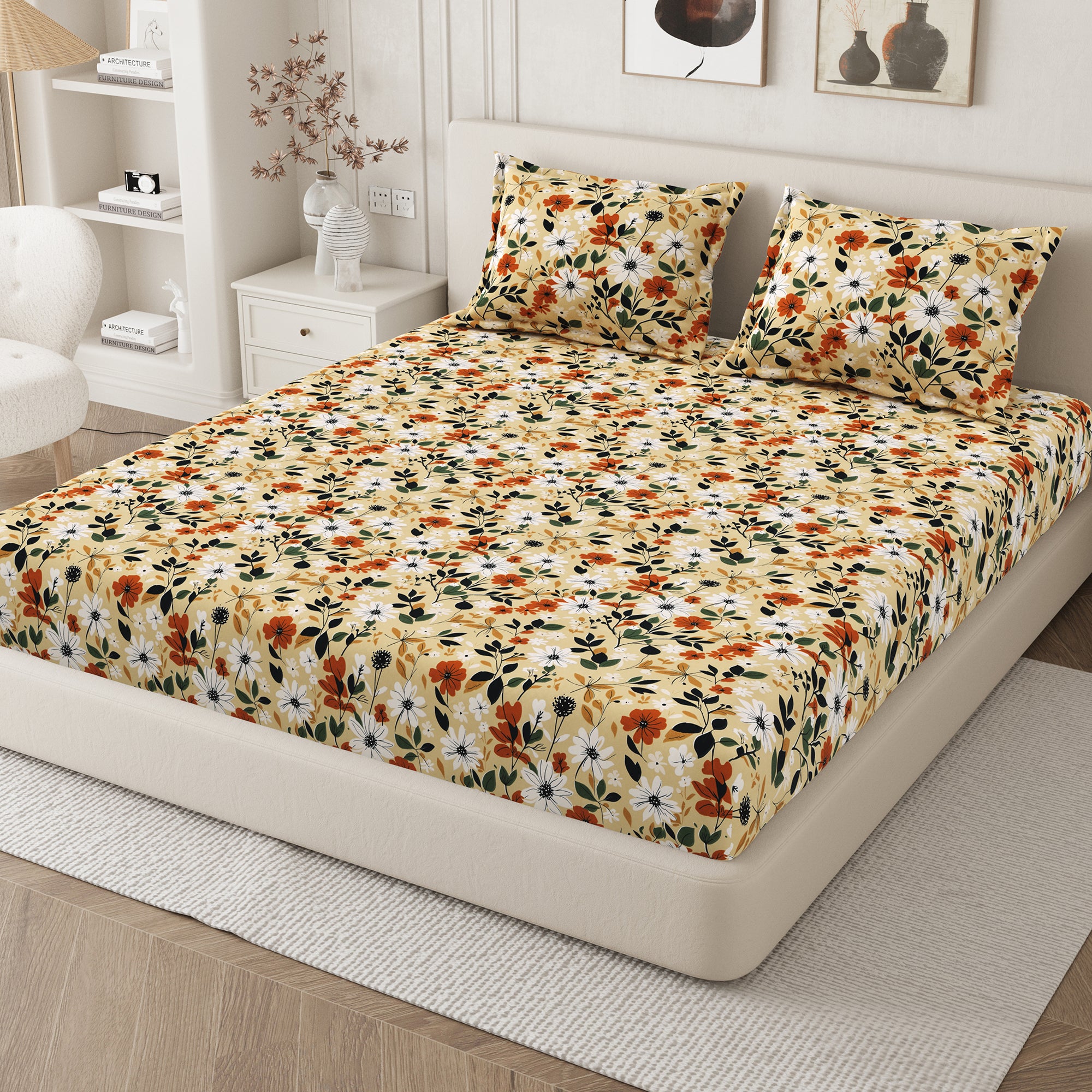 Daisy King Fitted Sheet with 2 Pillow Covers 130 GSM Micropeach Muted Floral Brown