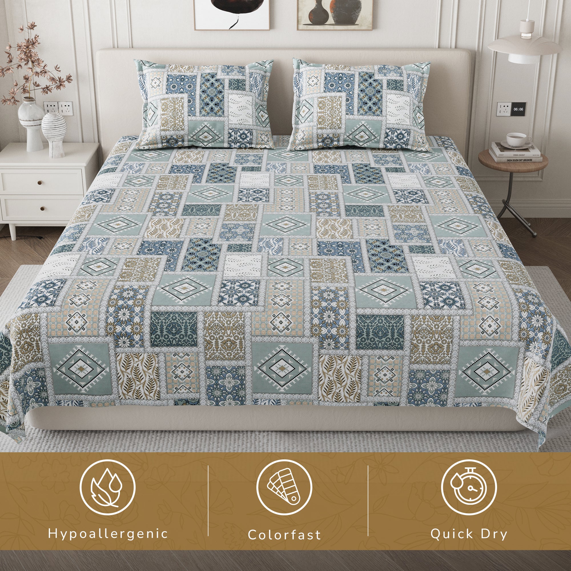 Daisy Queen Bedsheet with 2 Pillow Covers 130 GSM Micropeach Classic Mosaic Grey