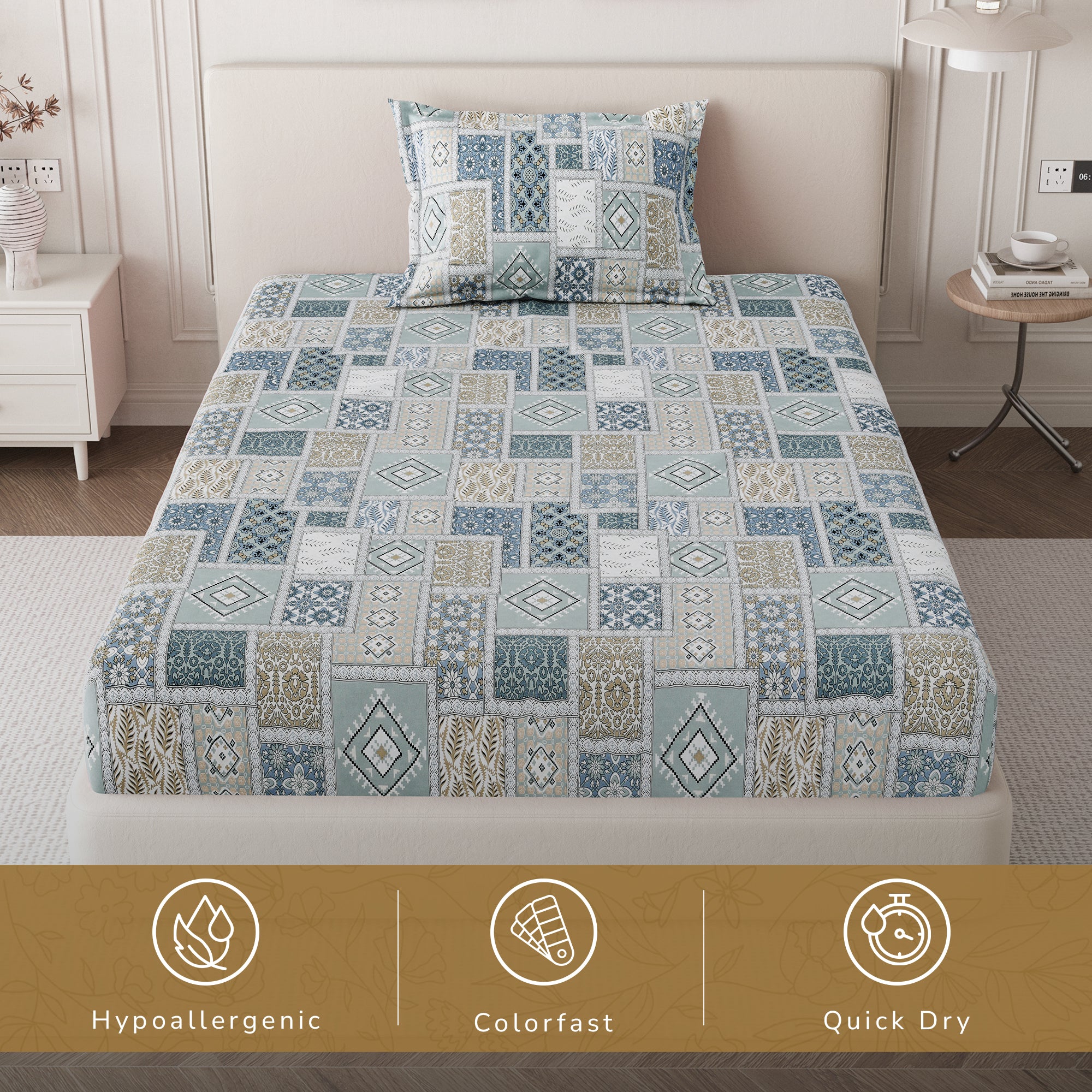 Daisy Single Bedsheet with 1 Pillow Cover 130 GSM Micropeach Classic Mosaic Grey