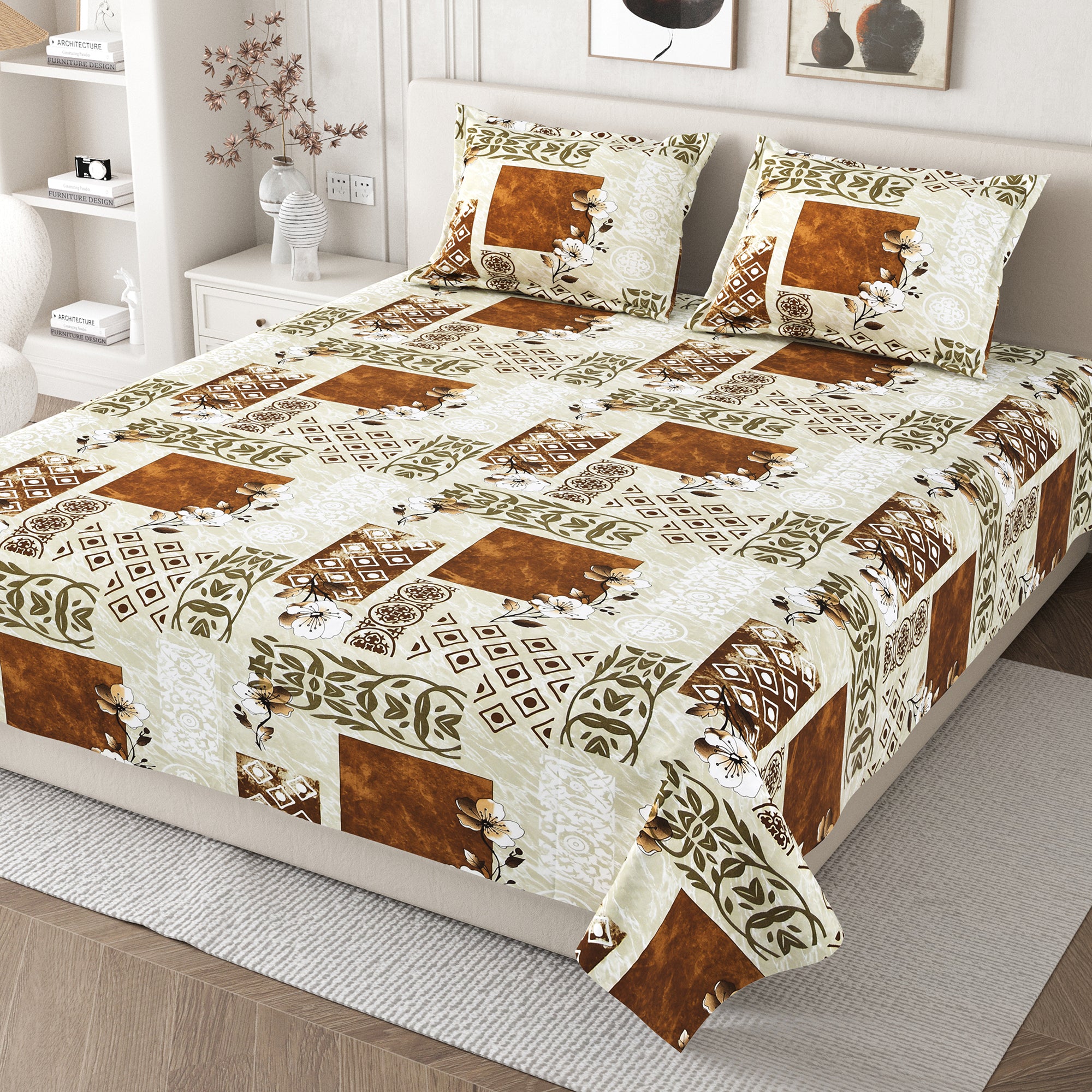 Daisy Queen Bedsheet with 2 Pillow Covers 130 GSM Micropeach Floral Marble Brown