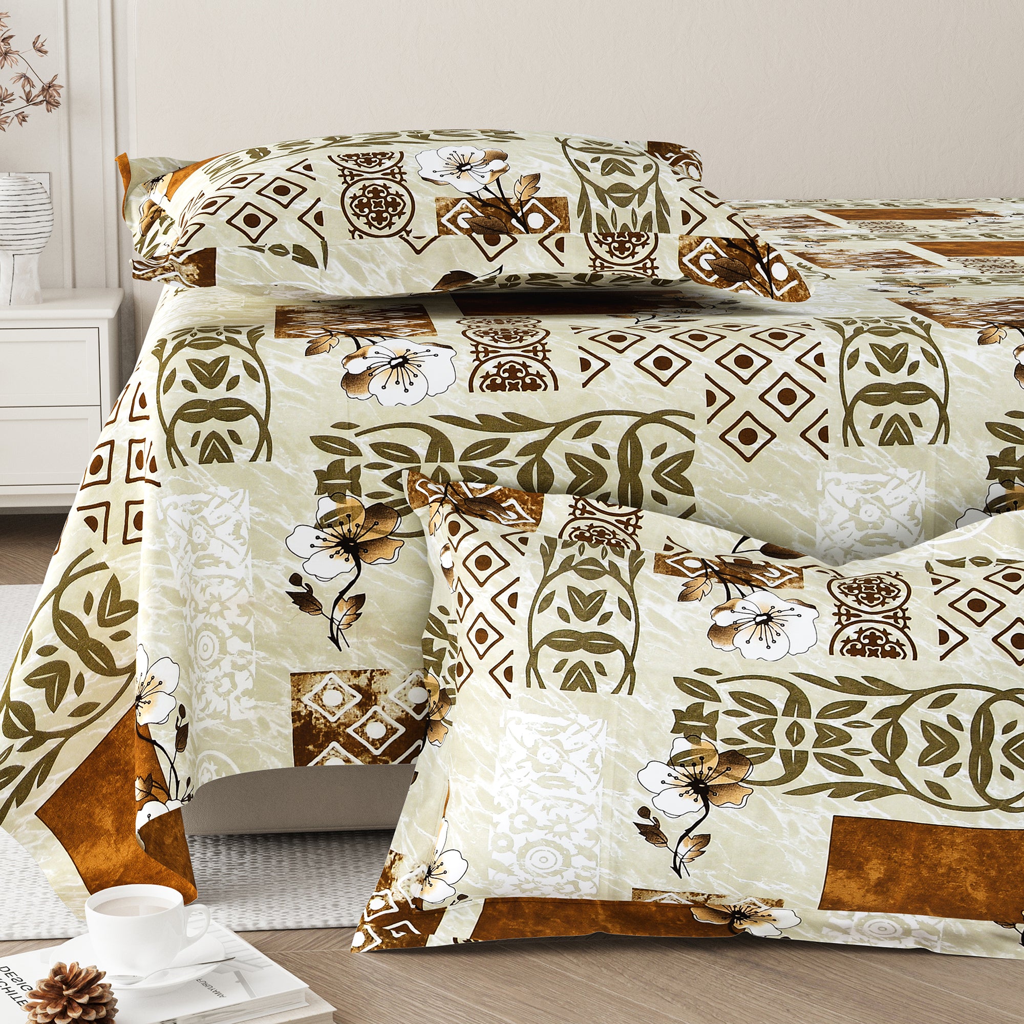 Daisy Single Bedsheet with 1 Pillow Cover 130 GSM Micropeach Floral Marble Brown