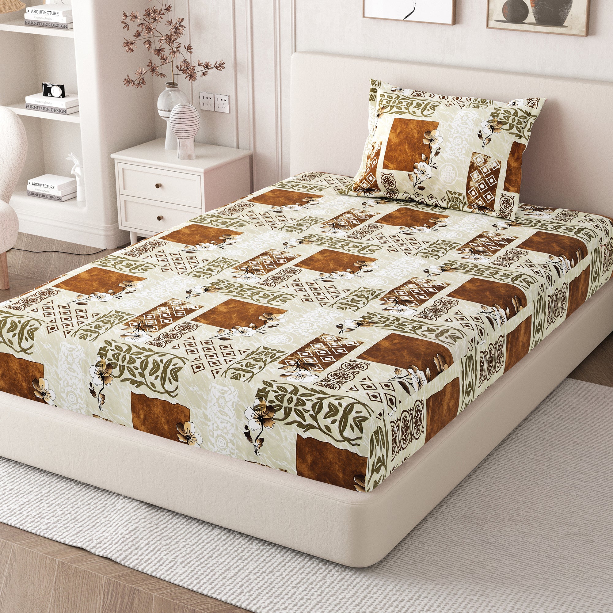 Daisy Single Bedsheet with 1 Pillow Cover 130 GSM Micropeach Floral Marble Brown