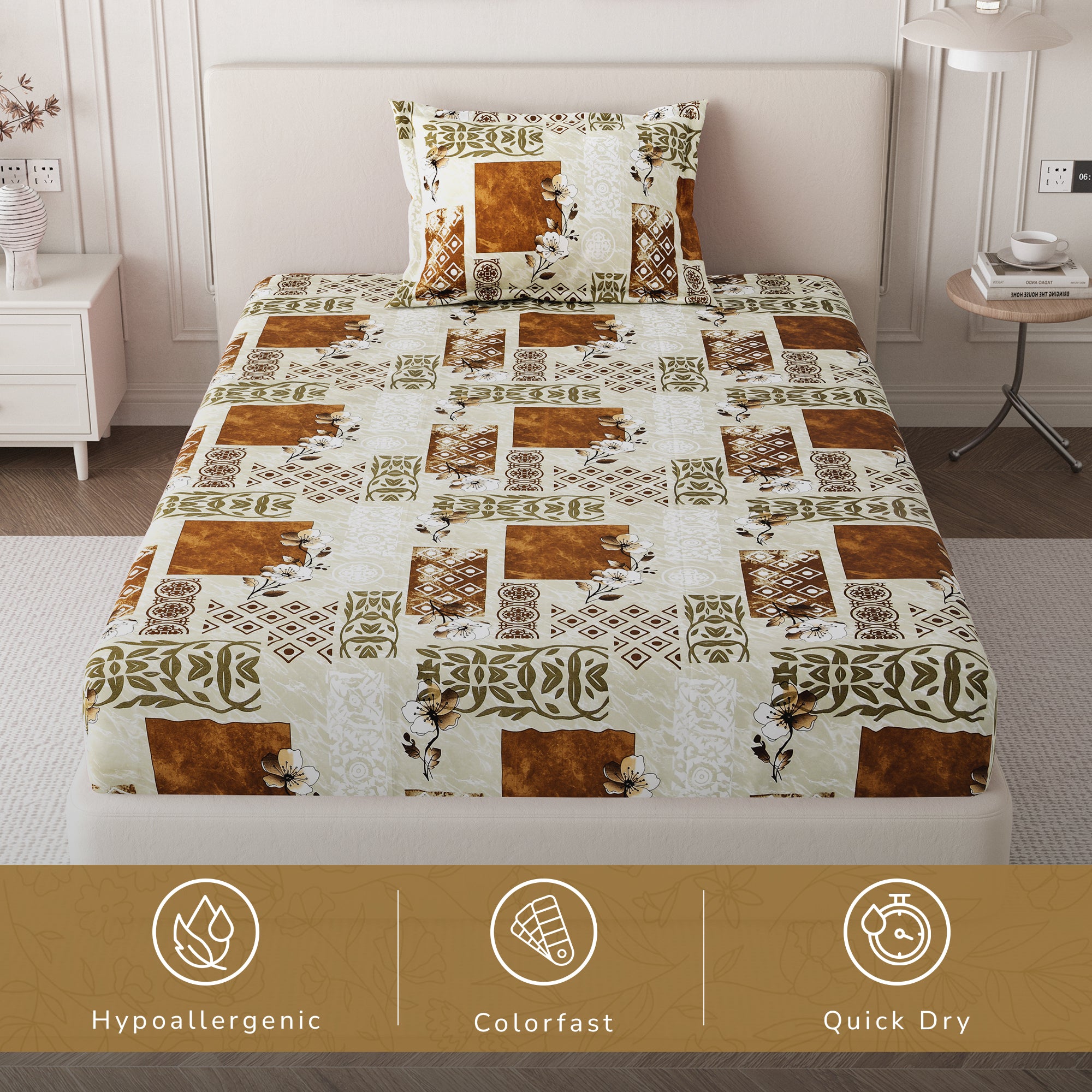 Daisy Single Bedsheet with 1 Pillow Cover 130 GSM Micropeach Floral Marble Brown
