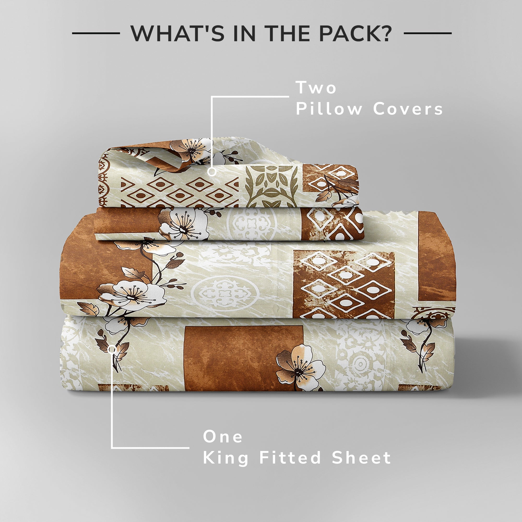Daisy King Fitted Sheet with 2 Pillow Covers 130 GSM Micropeach Floral Marble Brown